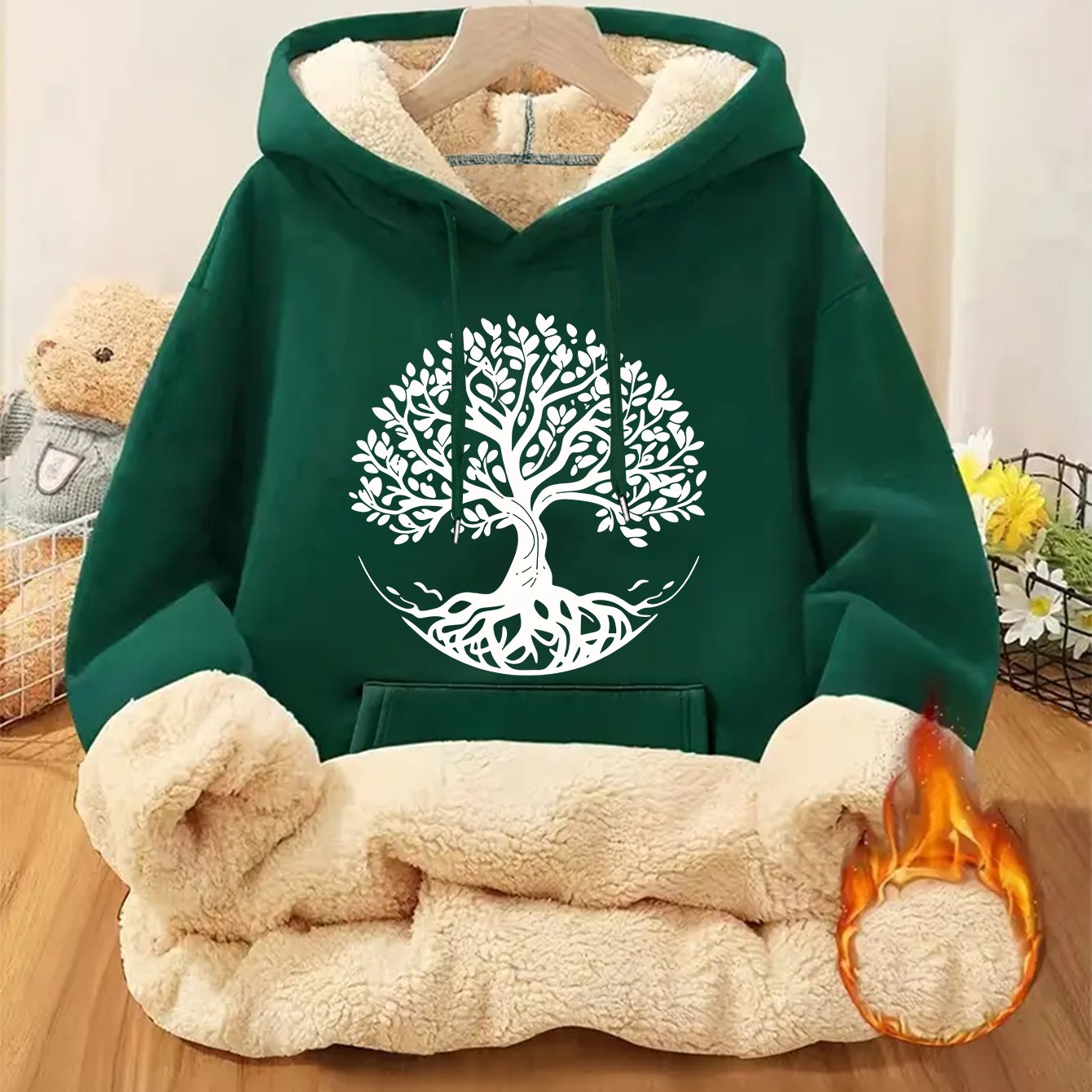 TEMU Ladies' Hooded Sweatshirt Featuring A Thick Fleece And A New Tree Print For Autumn And Winter. It Includes A With A Drawstring, Making It A