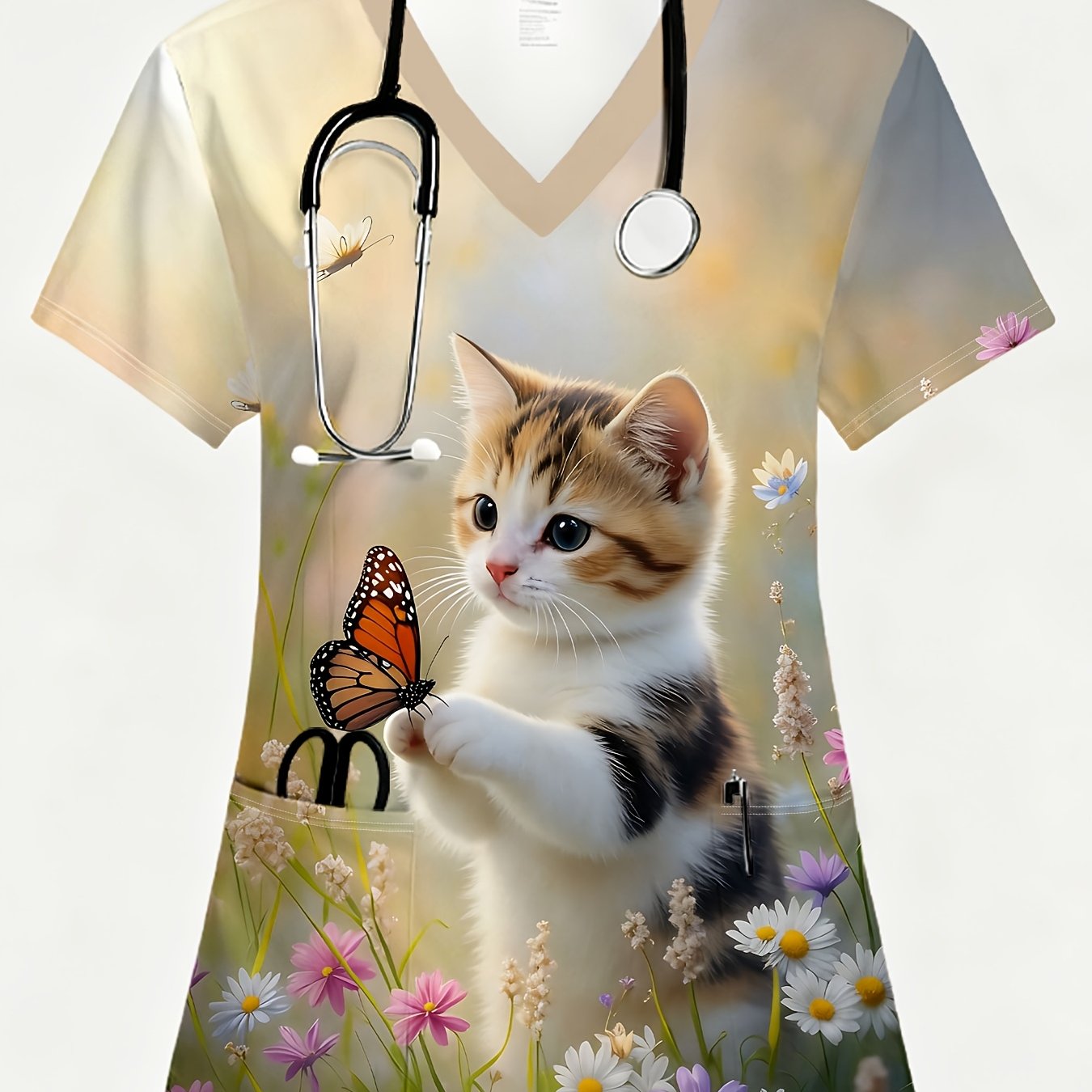 TEMU Ce ensemble de soignante pour femmes présente une jolie imprimé intégral avec un t-shirt à manches courtes et col en V, complété par deux poches