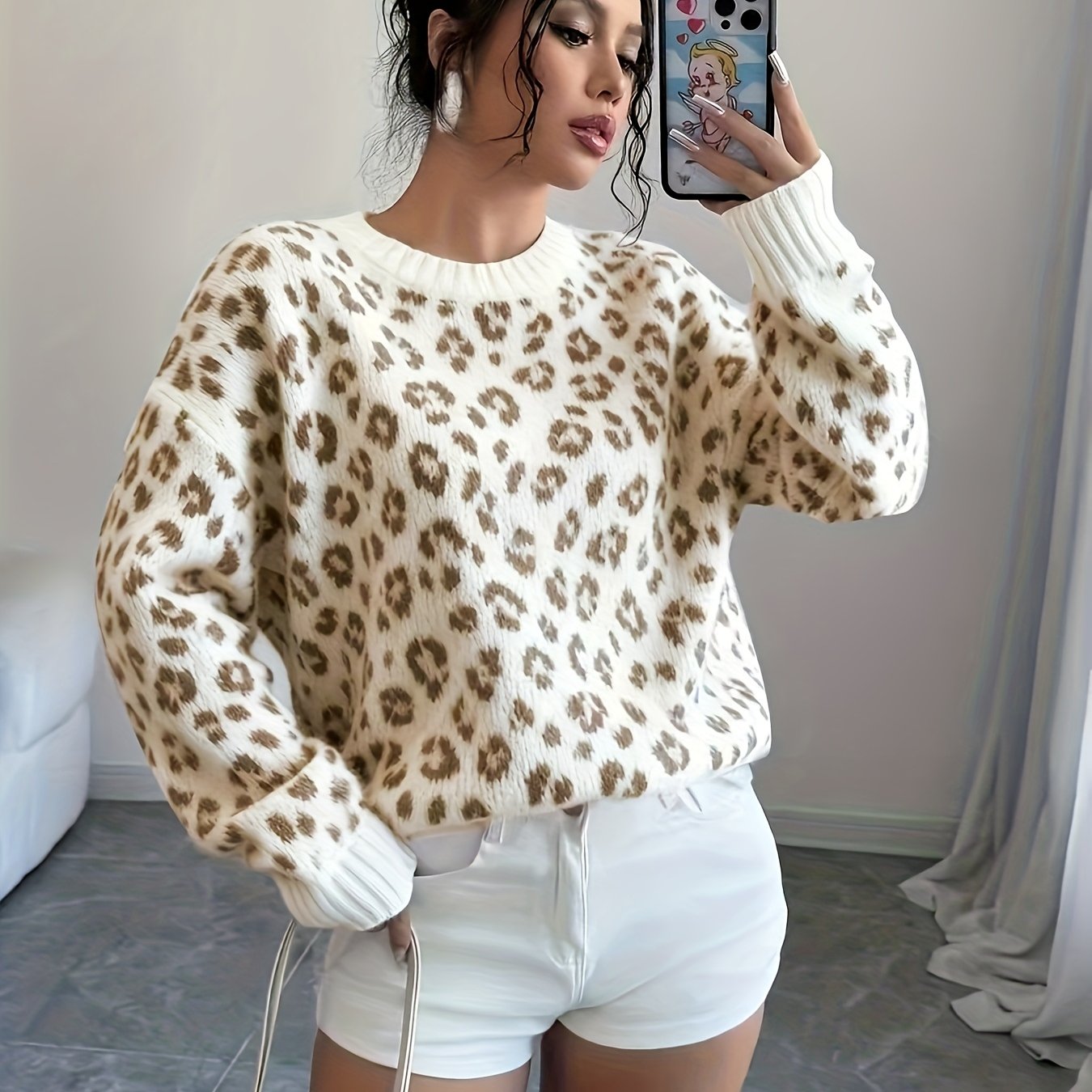 Image of Elegant Autumn Winter Warm Comfortable Soft Versatile Leopard Print Temperament Women's Pullover Sweater