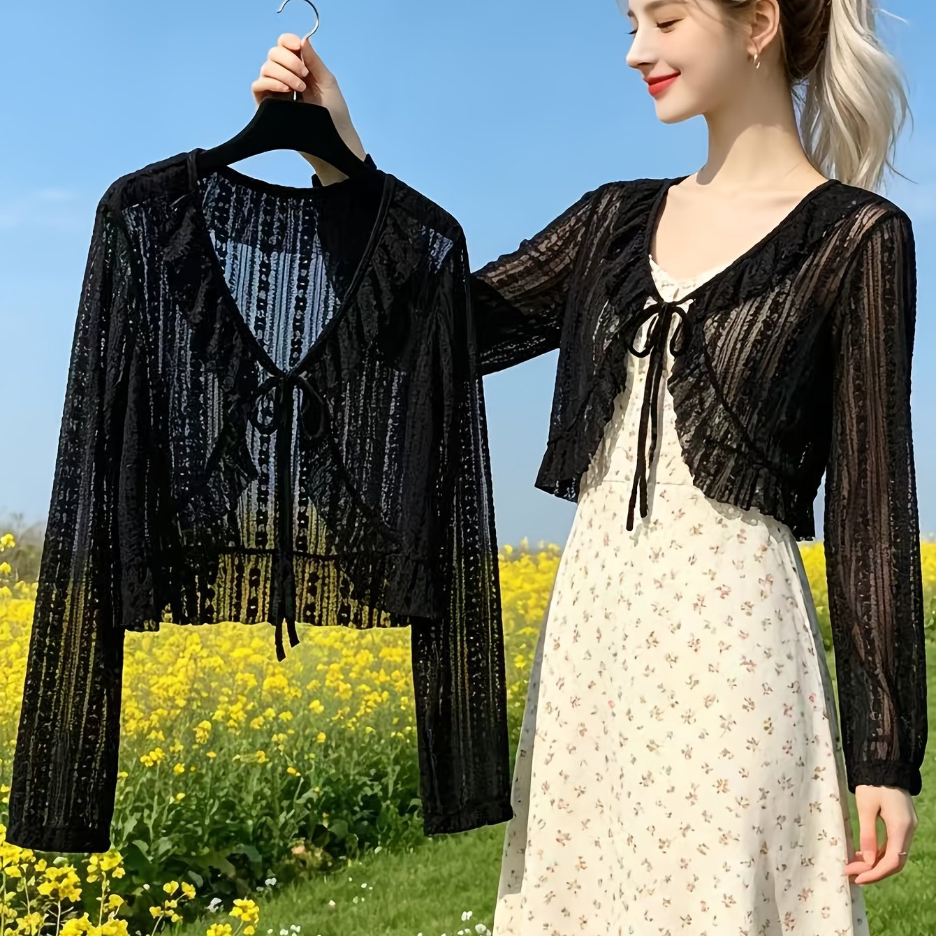 TEMU Women's Cardigan Jacket, Summer Lightweight Breathable Lace Tie Shawl, Fashionable Versatile Short Cardigan Jacket, Outerwear For Slip Dresses