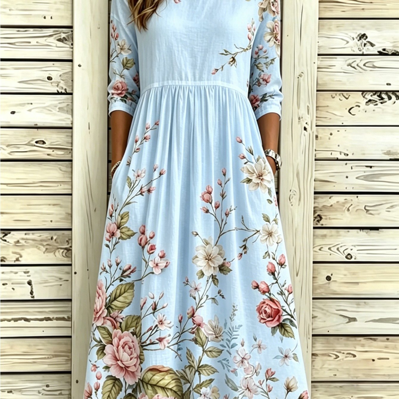 Image of Plus Size, Elegant Vacation Women Midi Dress Plus Size Crew Neck 3/4 Sleeve Pleated Empire Waist Floral Branch Beach