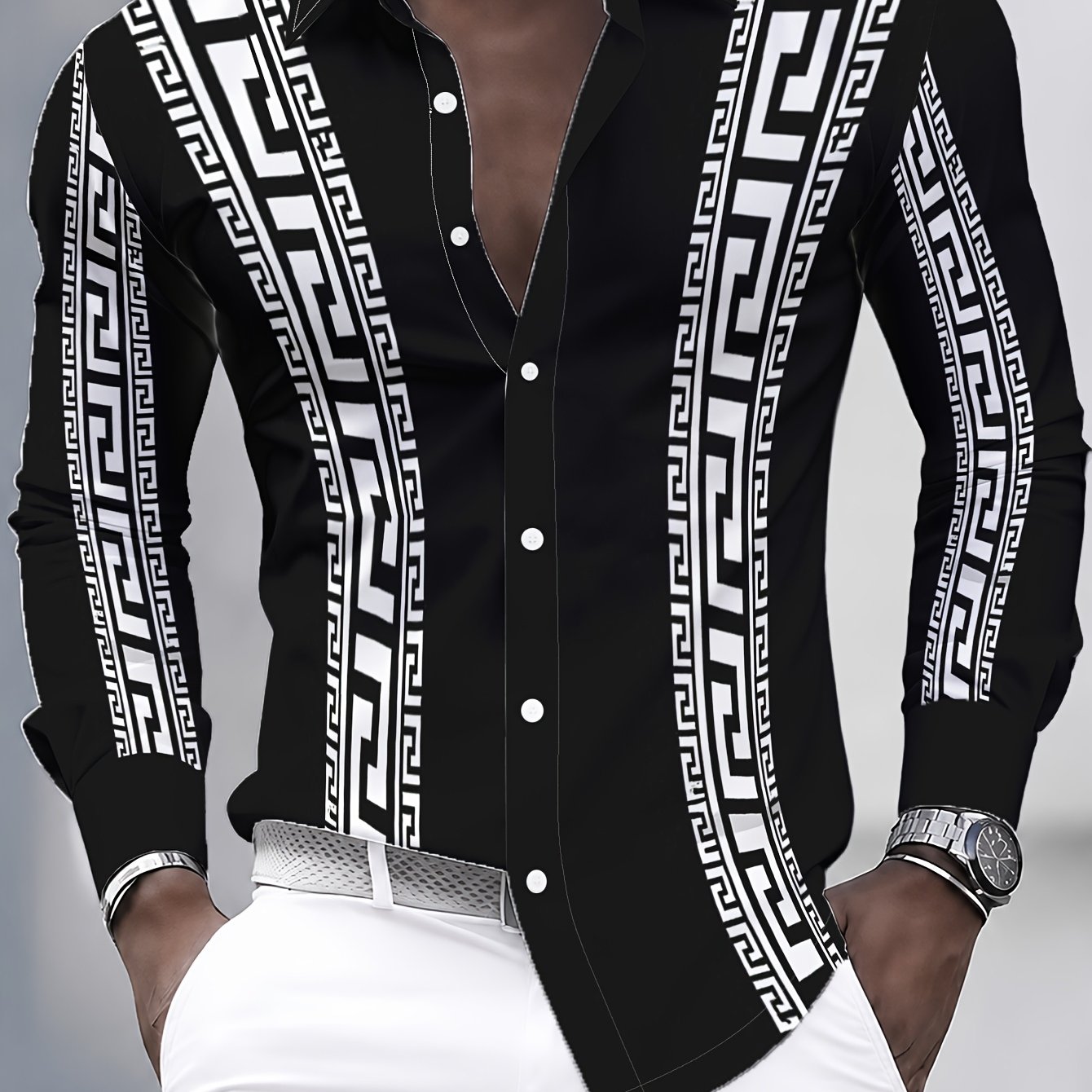 TEMU [print Design â Not Textured] Men's Fashion Print Long Sleeve Shirt, Slim Fit Lapel Trendy , Black And White Geometric Pattern Statement Coat