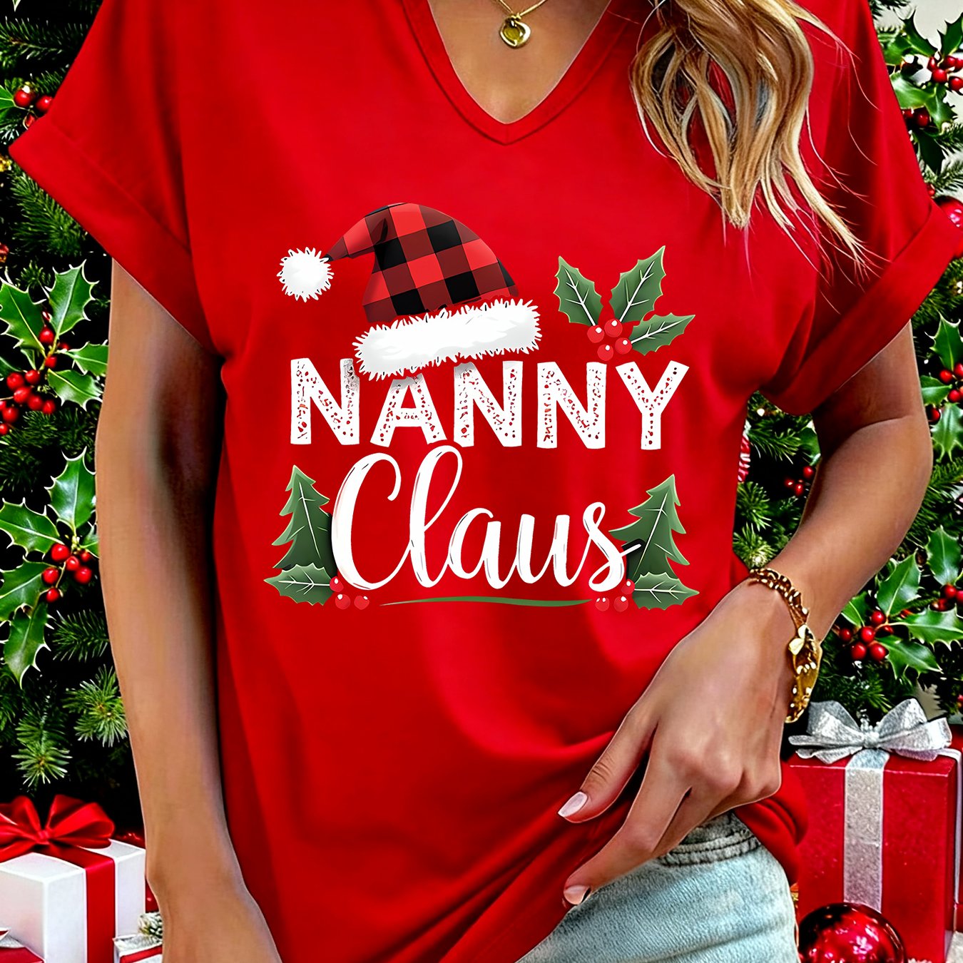 TEMU Nanny Claus Christmas Print T-shirt, Casual Top With A V-neck And Rolled Sleeves, Suitable For All, Women's Wear