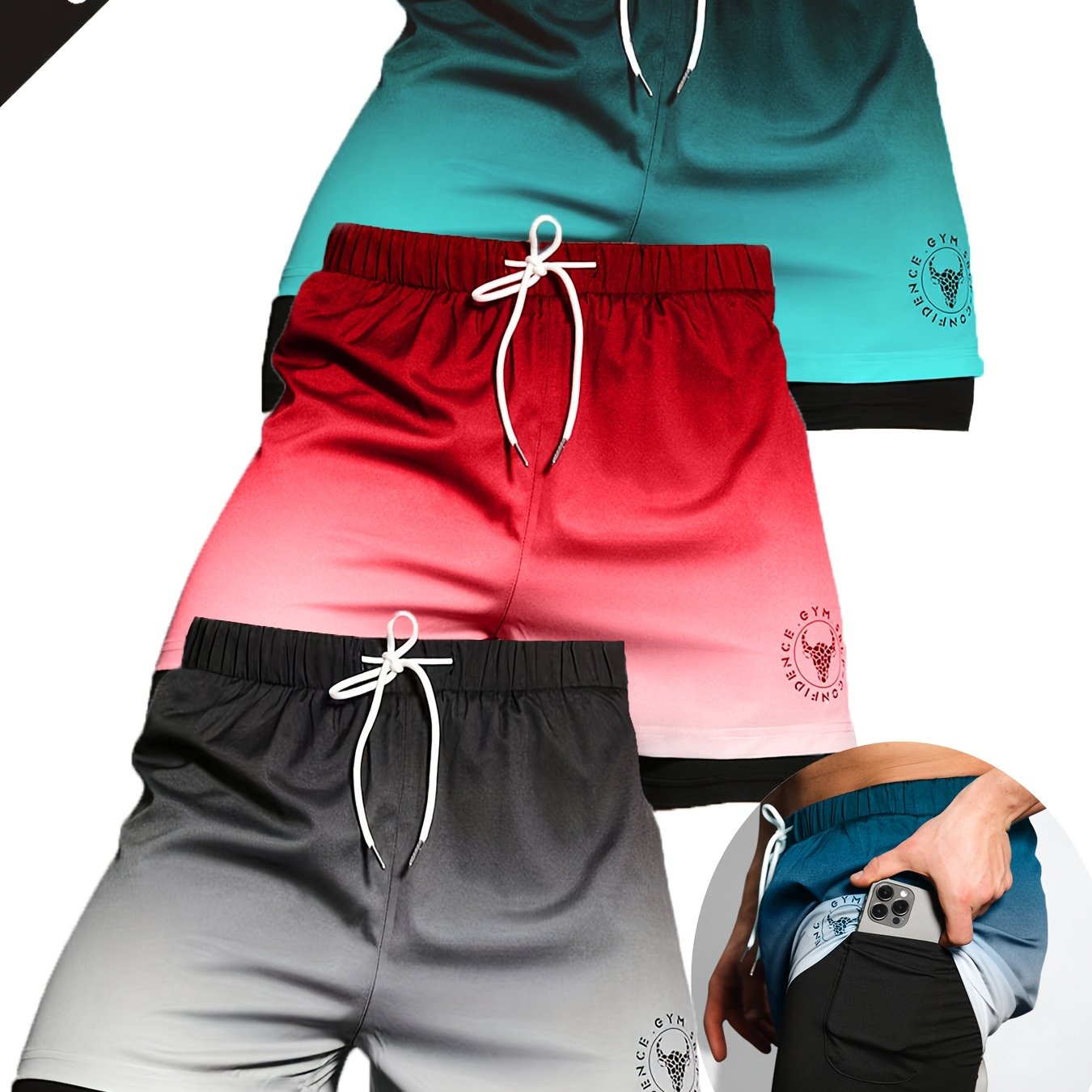 TEMU 3pcs Men's 2-in-1 With Pockets - Tropical Print Gradient Color Gym Shorts For Running, Beach & Casual , Adjustable Drawstring Waist, Lightweight