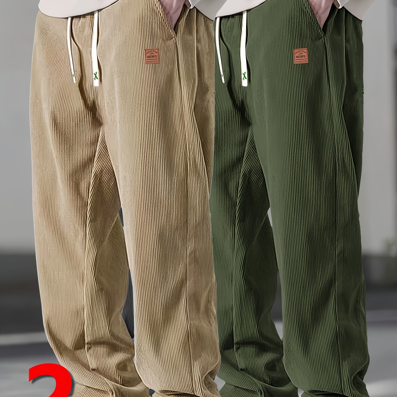 Image of 2pcs Flannel Casual Pants, Loose Straight Fit With Side Pockets, Dual-, Retro Texture, Casual Outfit Set