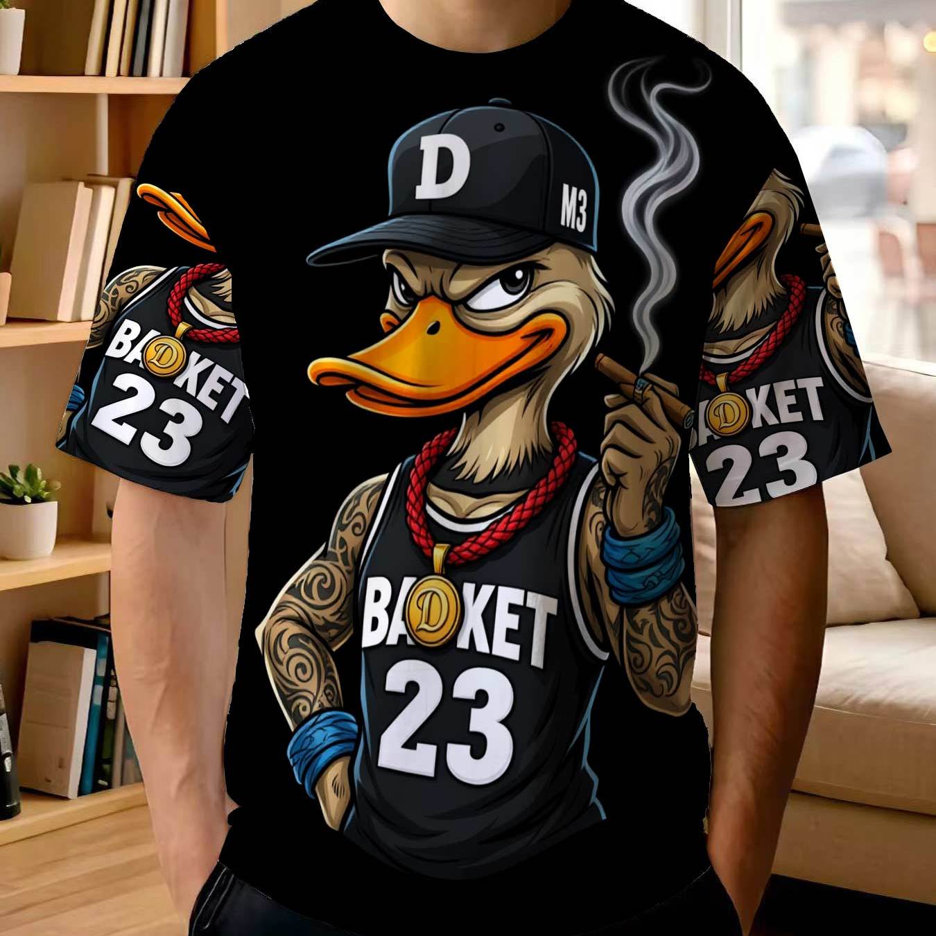 TEMU 2026 New Printed T-shirt Printed With Men' Style Domineering Duck Print T-shirt, European And American Hip-hop Style Basketball Tattoo Duck