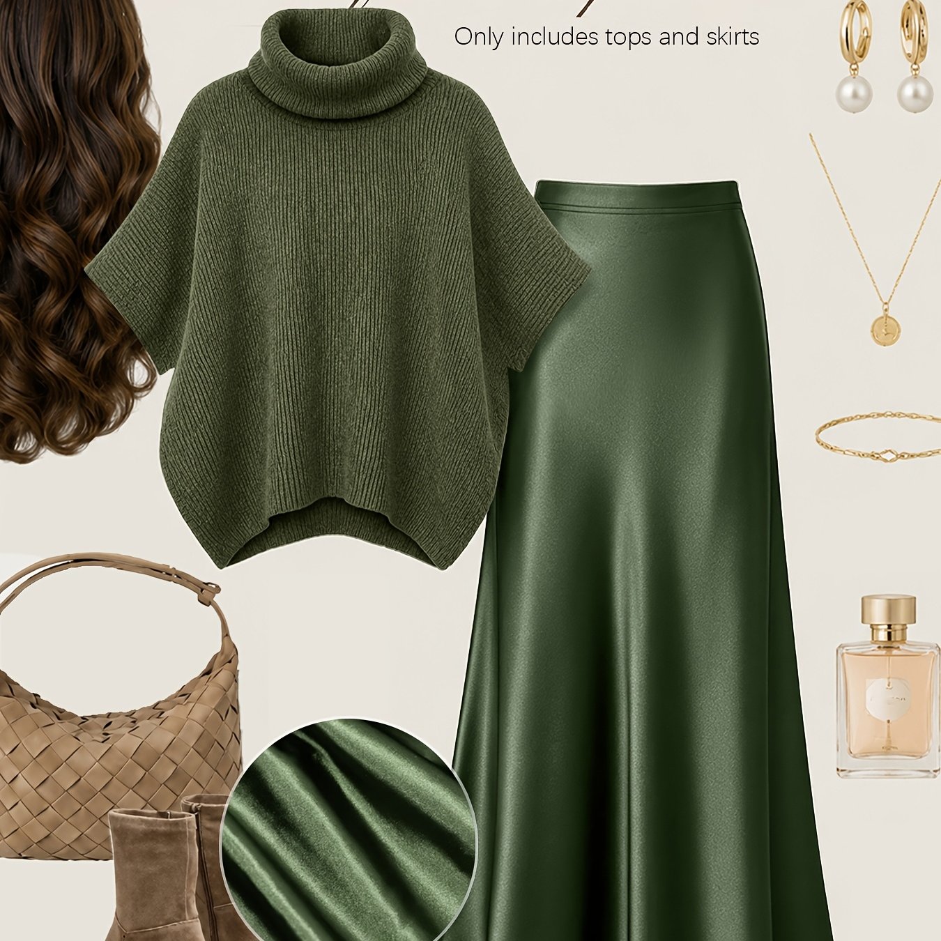 TEMU Autumn Relaxed Style High-neck Cape Top And Premium Satin Mermaid Skirt Elegant Commuter Two-piece Set