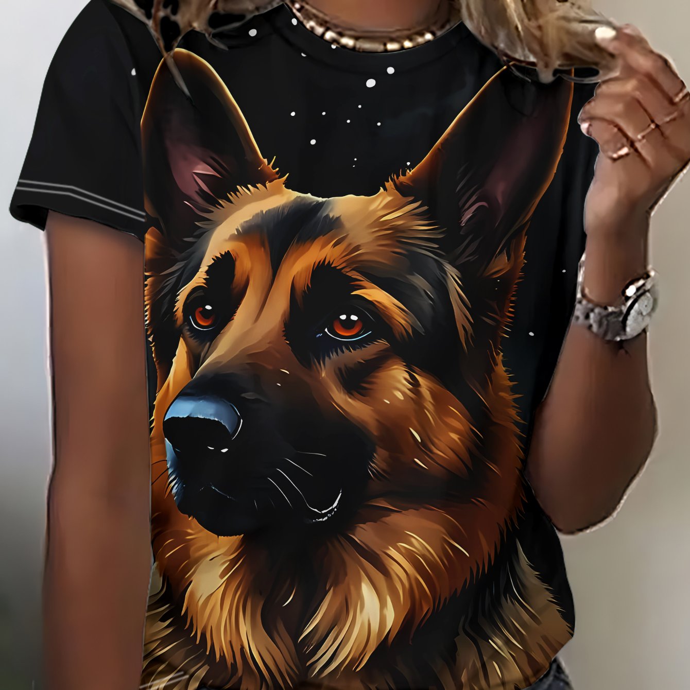 TEMU New Summer Women's Short-sleeve T-shirt: A German Shepherd With Against A Background - Polyester, Machine Washable Printed Top, Fashionable Crew