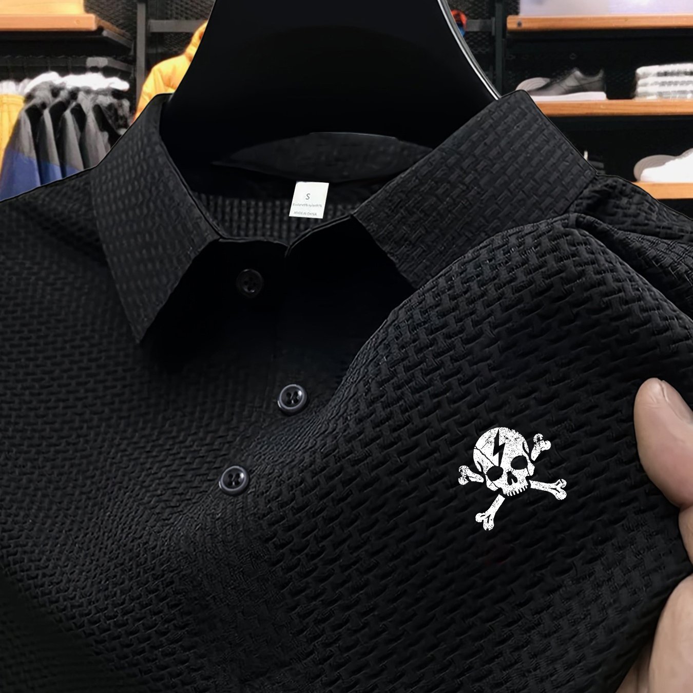TEMU Back-to-school Skull Pattern Plus Size Men's Outdoor Golf, Equestrian Casual Collar Short Sleeve Textured Fabric, Mature Men's Business Casual