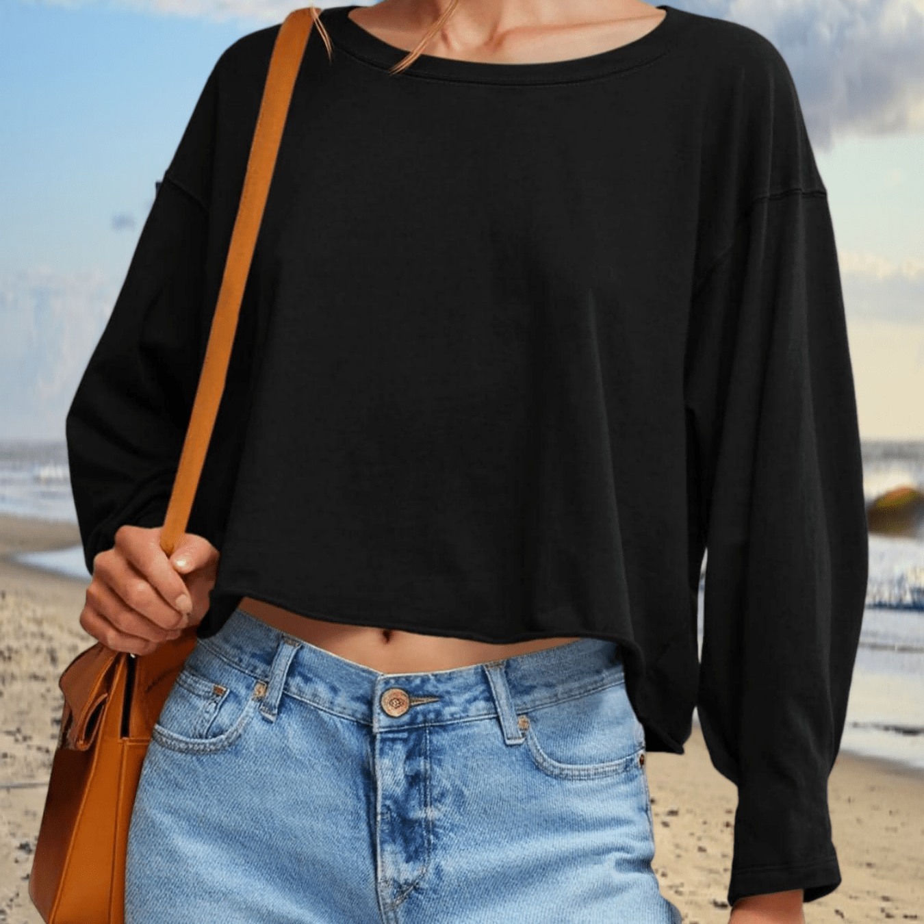 Image of Women' Spring Summer T-shirts Sleeve Crop Tops Loose Neck Oversized Cropped Tshirts 2025 Casual Tee Shirt Tops