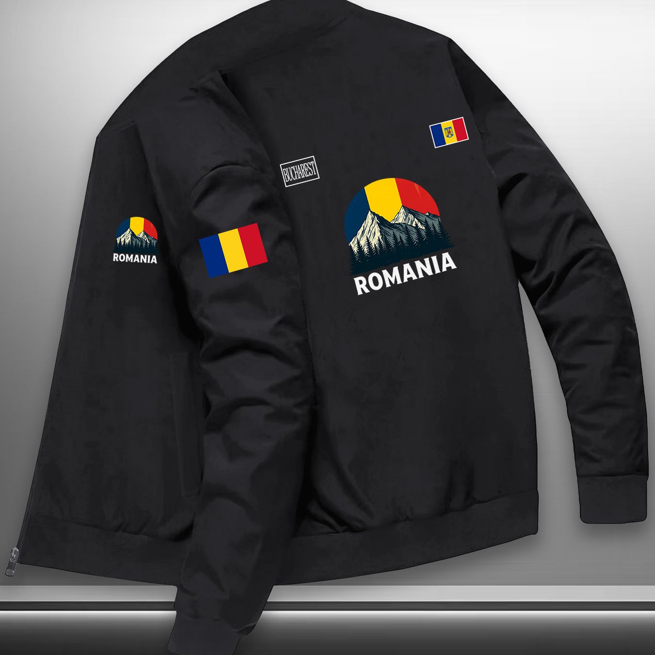 TEMU Men's Romania Flag & Emblem Jacket With Romanian National Symbols (bear & Map Print) - Lightweight Zippered Outdoor Coat For Hiking, Training,