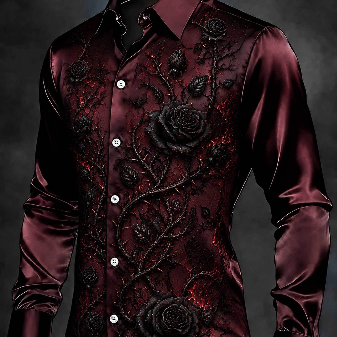 Image of Men's Long Sleeve Shirt, Gothic Black Rose Pattern Luxury Elegant For Evening Parties And Formal Dinner Occasions, Plus Size