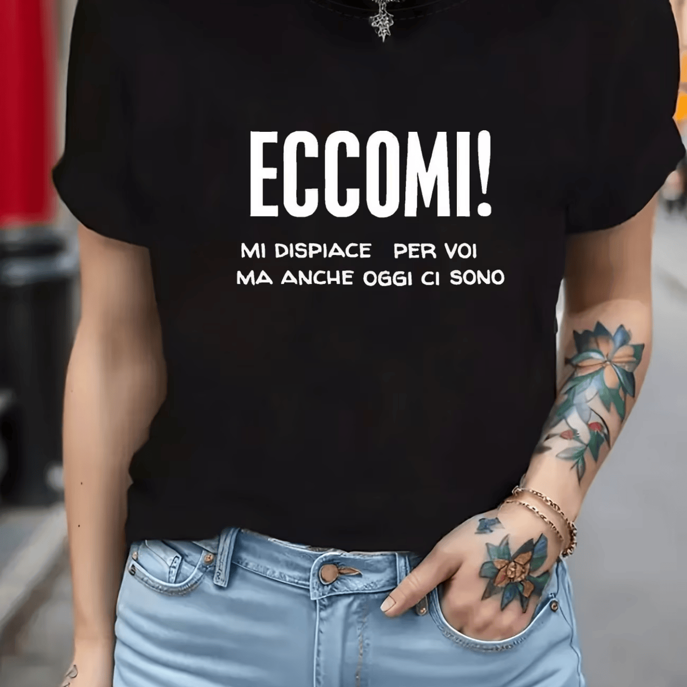 TEMU Italian ! Mi Per Voi Ma Anche Oggi ! For You, But I'm Today. Letter Print Women's Round Neck Spring And Summer T-shirt Short Sleeves