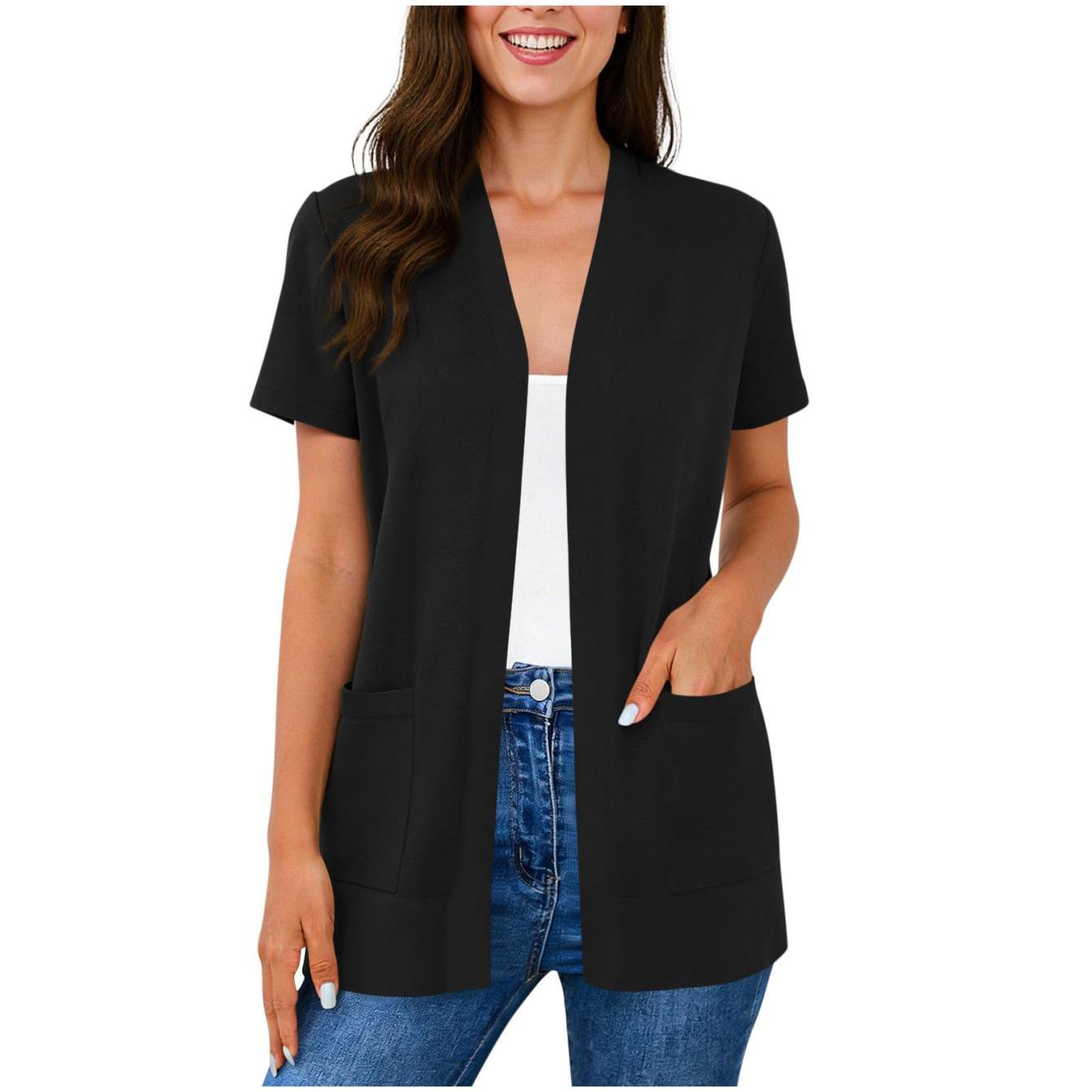 Image of Women's Spring And Summer 2026 Fashionable Casual Loose Comfortable Short Sleeve Blouse, Solid Color Easy Cardigan With Pockets Tops Suitable For Office Work And Formal Occasions