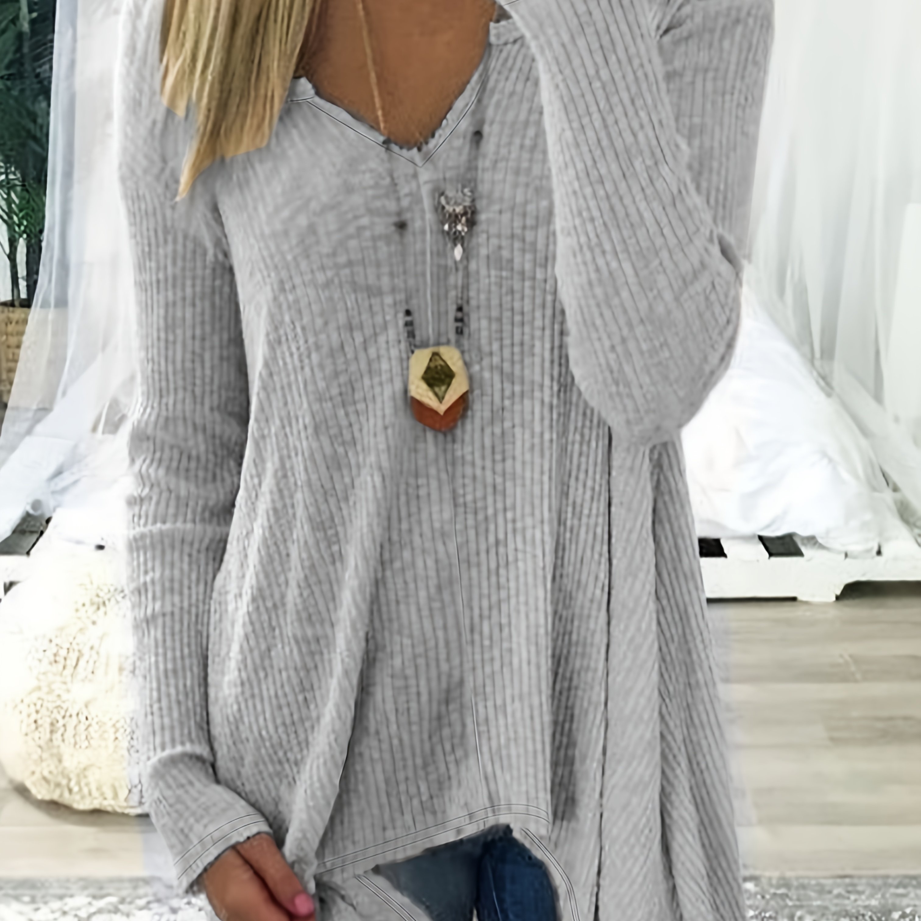 E-shop Modisches Freizeit-Langarmshirt mit V-Ausschnitt, Alltägliches vielseitiges einfarbiges Damen-Top mit asymmetrischem Saum, schlicht bequem, grau