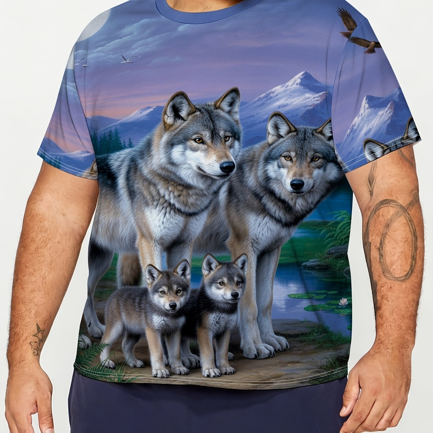 TEMU Men's Plus Size Print T-shirt, Print Moonlight Wolf Forest Scene, Casual , Fashionable Comfortable Plus Size , Trendy Brand Print Pattern Plus