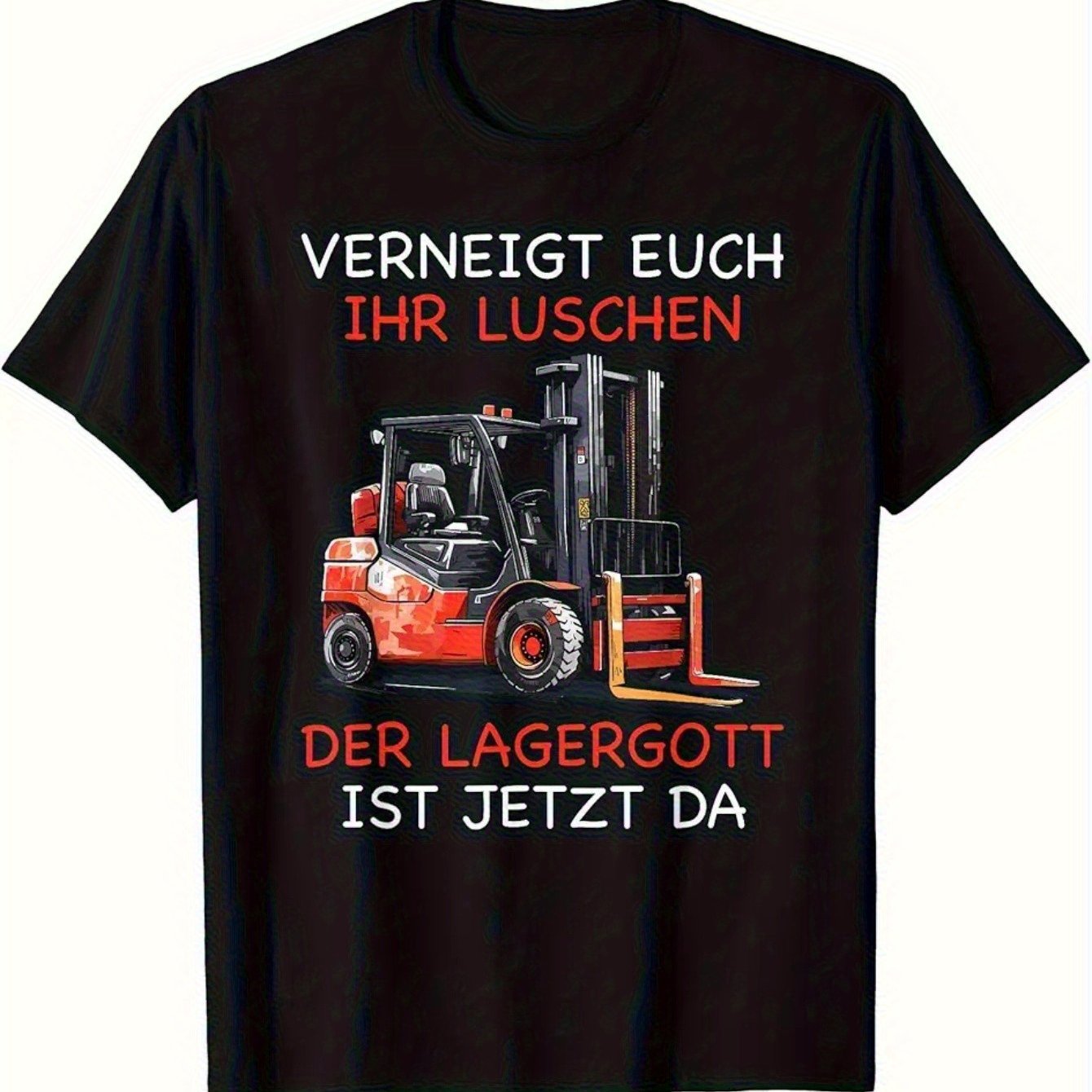 TEMU 2026 Fashion Style W Men's Funny German Warehouse Worker T-shirt | Lagergott Ist Da Stapler Lagerist Saying & Forklift Graphic, Casual Short