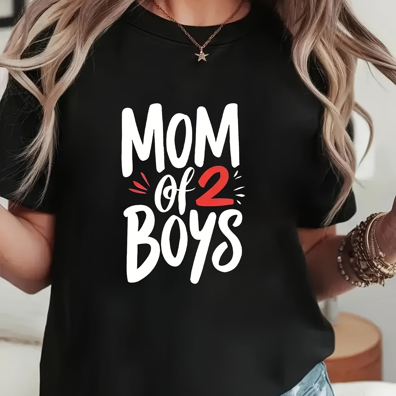 TEMU Women's "mom Of 2 " Letter Print Short Sleeve, Western Style Parent- Theme Casual T-shirt, Women's Summer Wear, Casual Elegant Women's Clothing,