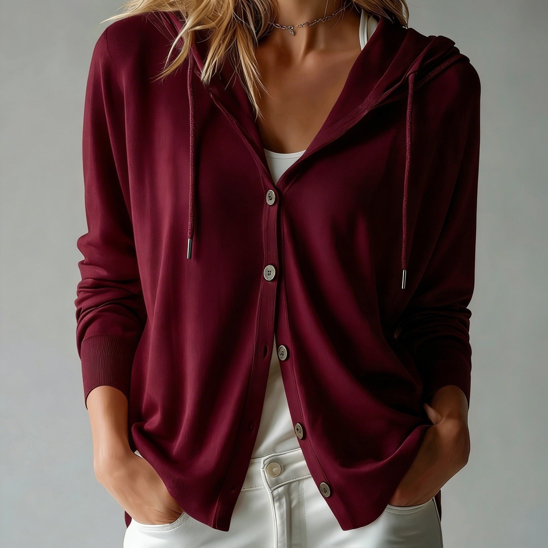 TEMU Women's Button Cardigan With A Hood, Drawstring Hood Design, French Style, European And , Casual, Loose, Versatile, Worn Alone Or As An Outer