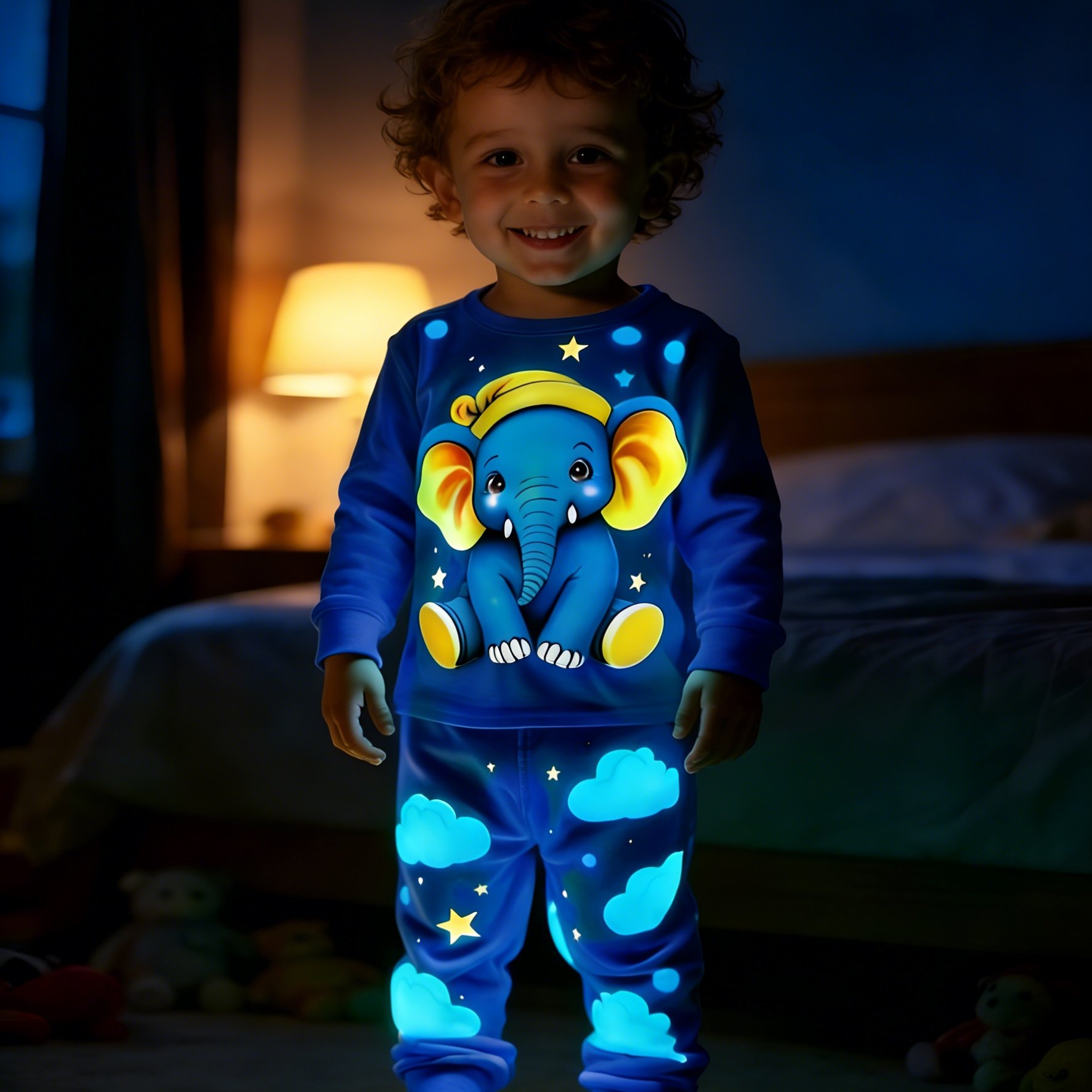 2pcs Pajama Set: Long-sleeve Top & Pants With Elephant & Moon Print, Reflective Patterns Glow Under Lights