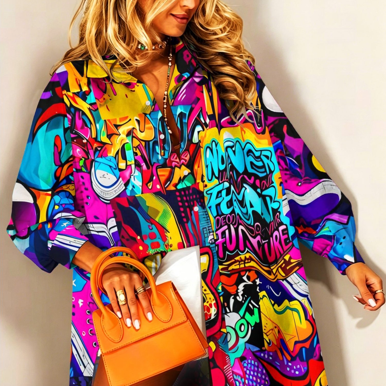 TEMU Women's Casual Colorful Printed Design Long Sleeve Shirt Dress, Street Graffiti Artistic Style Vibrant Colors Print, Long Sleeve Collar Casual
