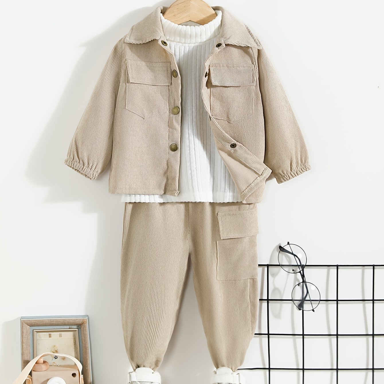 2pcs Toddler Collar Long Sleeve Shirt Coat Top And Long Pants Set, Kids Casual Outfit, For Outdoor
