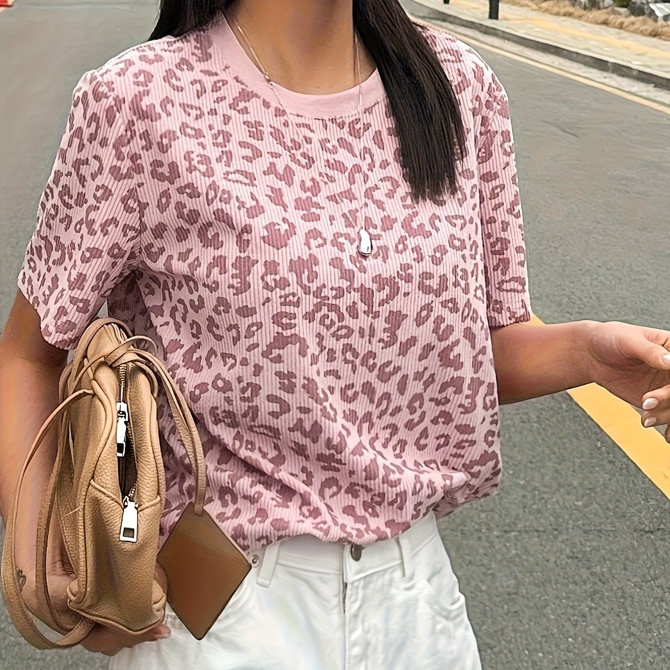 E-shop Damens Elegantes Leopardenmuster Kurzarm-T-Shirt - Weicher Stretchstoff, Lockerer Sitz, Maschinenwaschbar, Ganzjahres-Casual-Top, Vielseitige