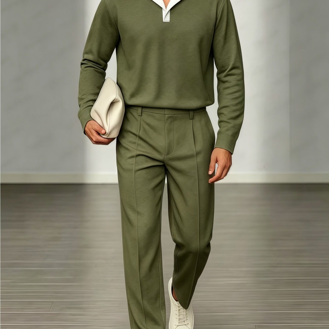 Image of Men's Sophisticated Commuter Suit, Autumn Light Gray Color-block Top With Straight-leg Trousers, A Set For A Mature Casual Look