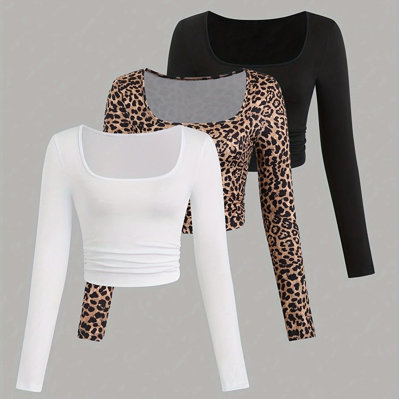 Women's 3-color Black White Leopard Long Sleeve Slim T-shirt 3pcs Set