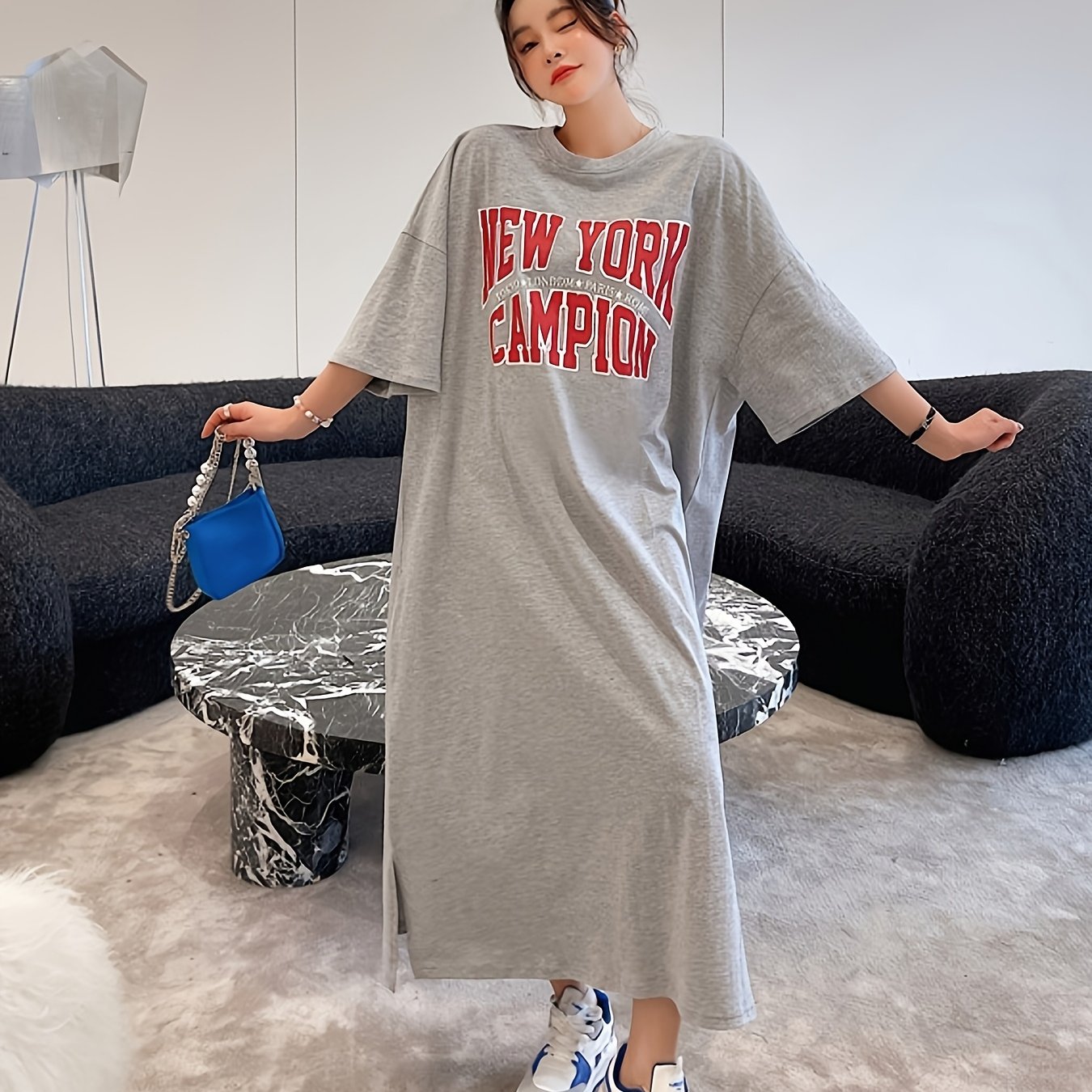 TEMU Summer New Short Sleeve T-shirt Dress Korean Style Loose Fit Midi Knee-length Printed Dress For Women