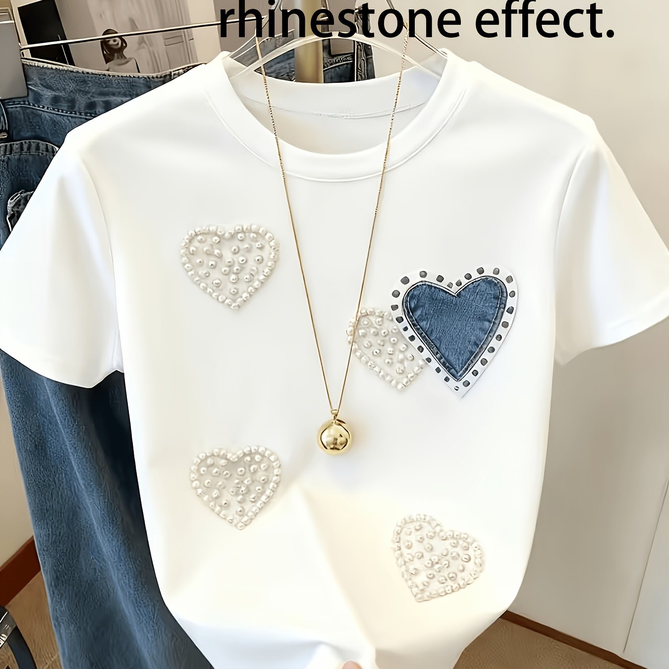 E-shop Cartoon Perlenherz Musterdruck, Figurbetont und Bequem, Ganzjahreskleidung, Damen Freizeit T-Shirt für den täglichen Arbeitsweg