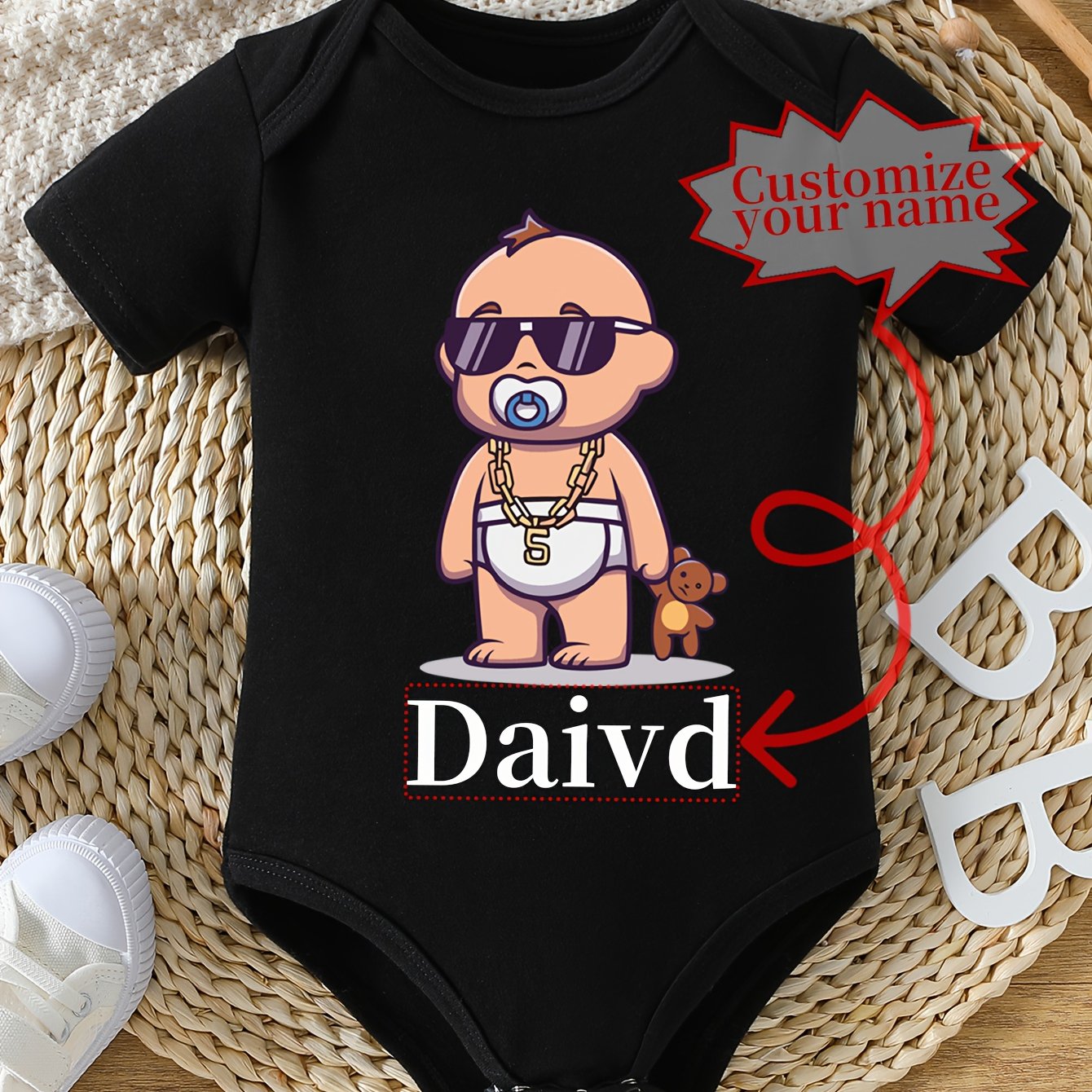 Triangle Crawling Suit, Glasses Cool With Teddy Bear Pattern Custom Logo Round Neck Triangle Bodysuit, Personalized Name For, Valentine's Day Easter Gift, For Outdoor