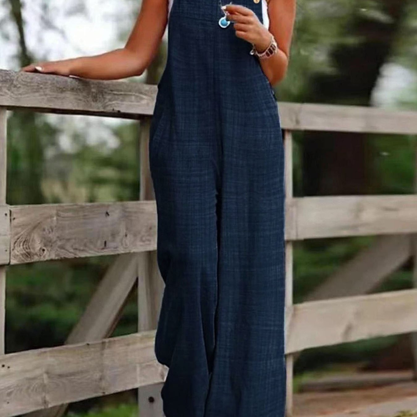 TEMU Women's Vacation Wide-leg Jumpsuit - Sleeveless With Adjustable Straps, Pockets Included, Machine Washable, Solid Color