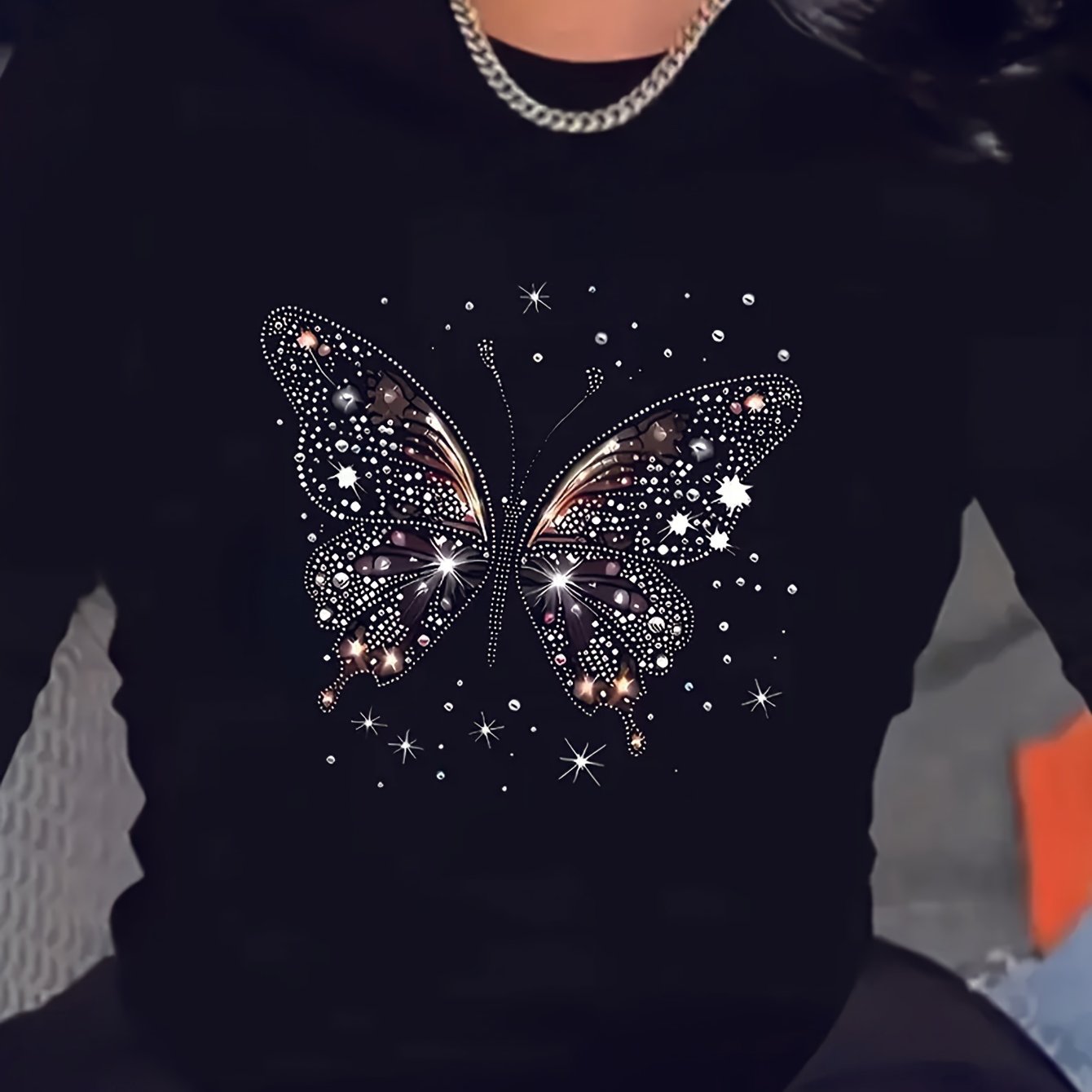 TEMU T-shirt da donna a maniche lunghe con stampa e diamanti scintillanti - Top e , lavabile in lavatrice, stile moda per