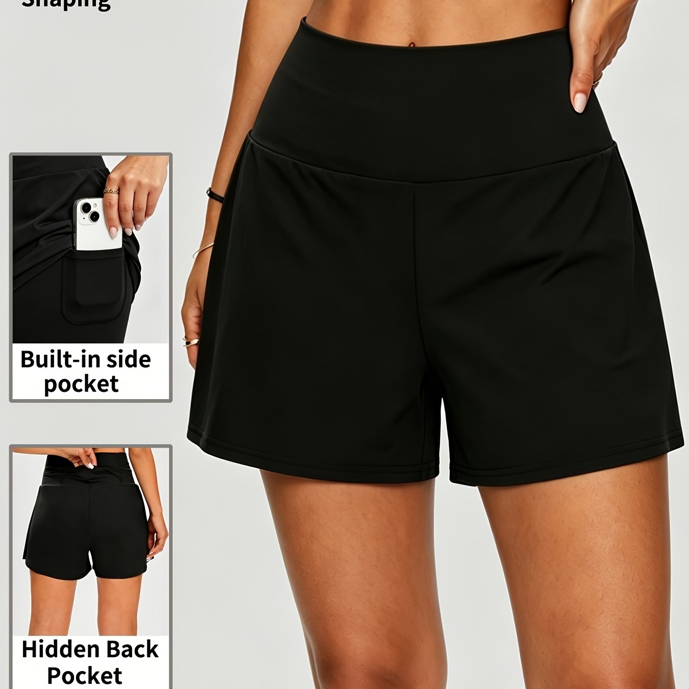 TEMU High-stretch High-waisted Nylon Sports Shorts With Anti-exposure Built-in Pockets, Yoga Fitness Three-quarter Pants, Versatile Casual Pants For