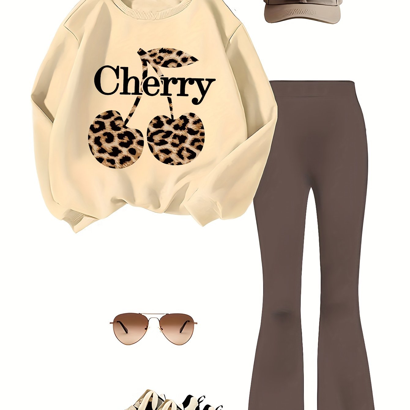 Girls' Fashion Cherry Leopard Print Two-piece Set: Round Neck Sweatshirt And Flared Long Pants