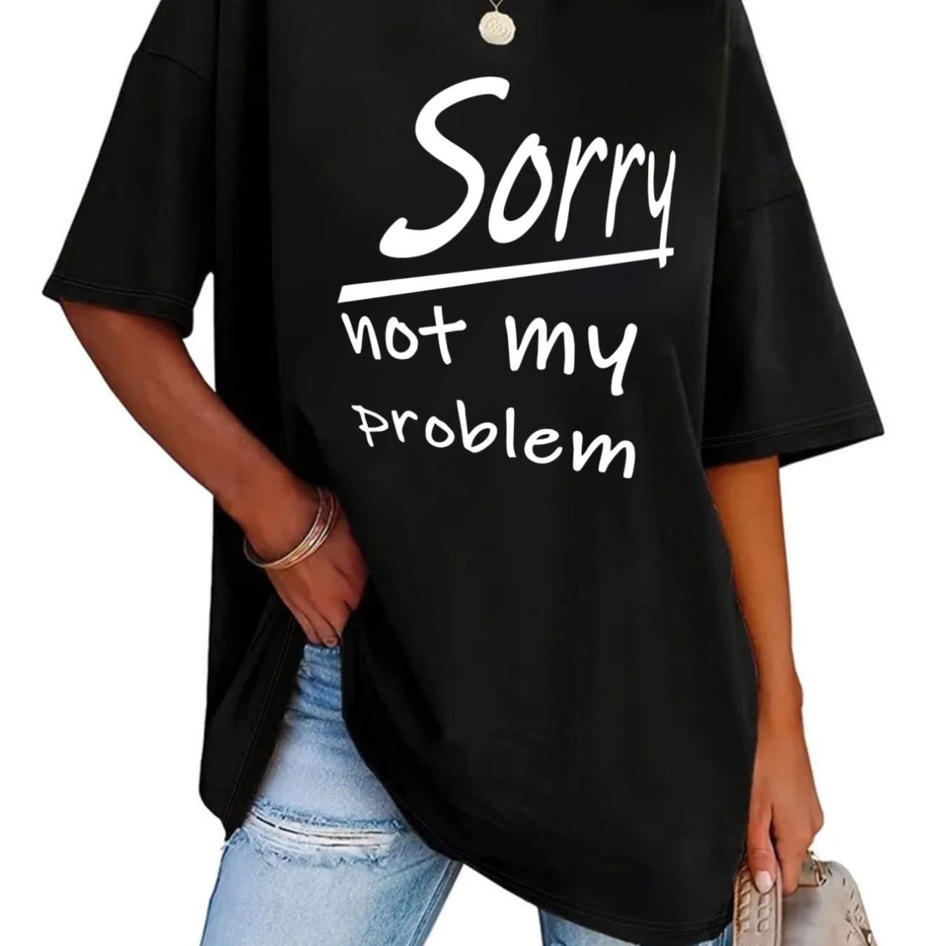Plus Size Women's T-shirt With Cheeky Slogan "sorry, Problem" Casual Blouse Style Top With Crew Neck, Machine Washable, Suitable For And Wear