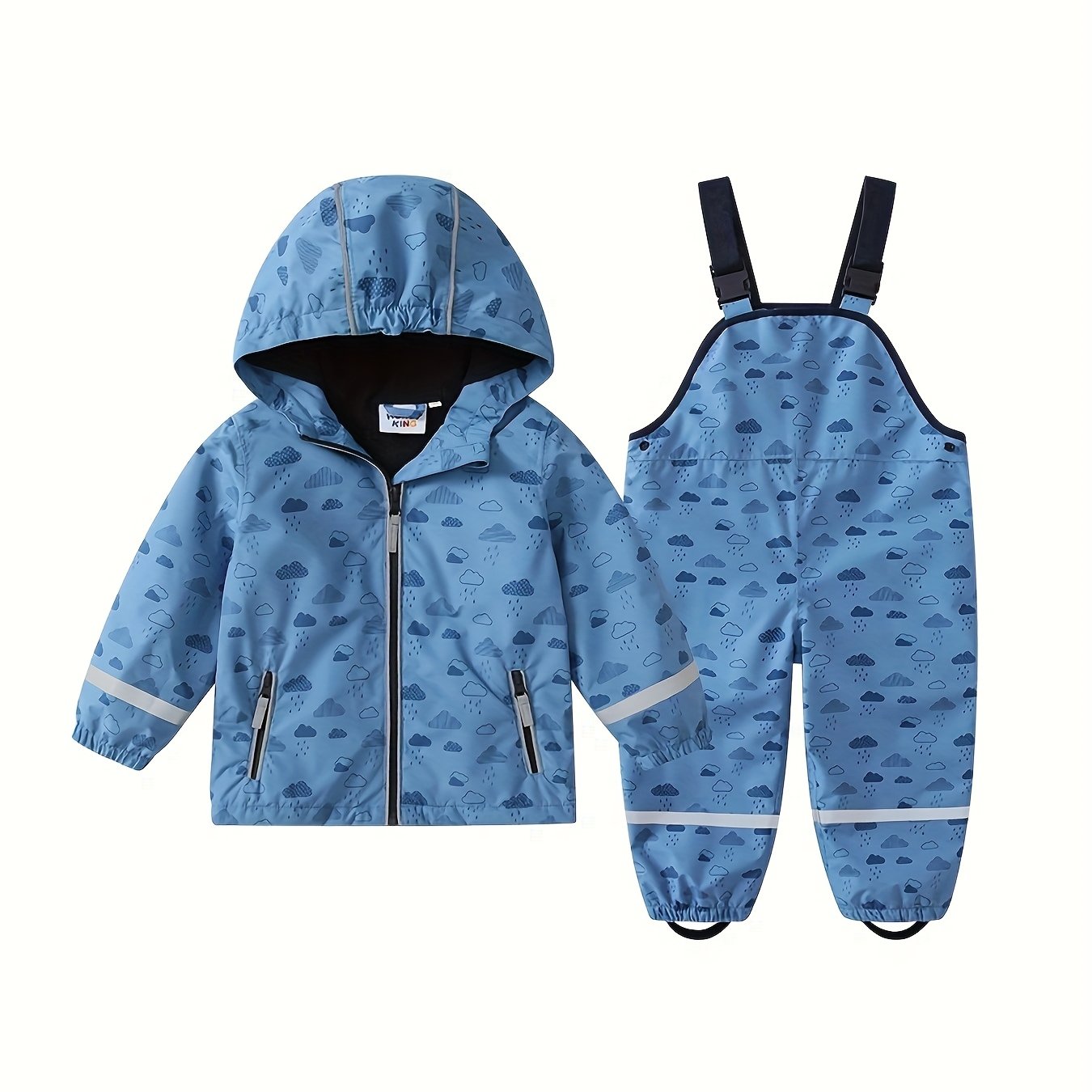 Image of 2pcs Boys' Print Hooded Jacket + Overalls Fashion Set, Jacket With Light, Suitable For Spring And Summer, Outdoor Casual Sportswear, Perfect For Outdoor, Back To School Essentials, Perfect For Outdoor