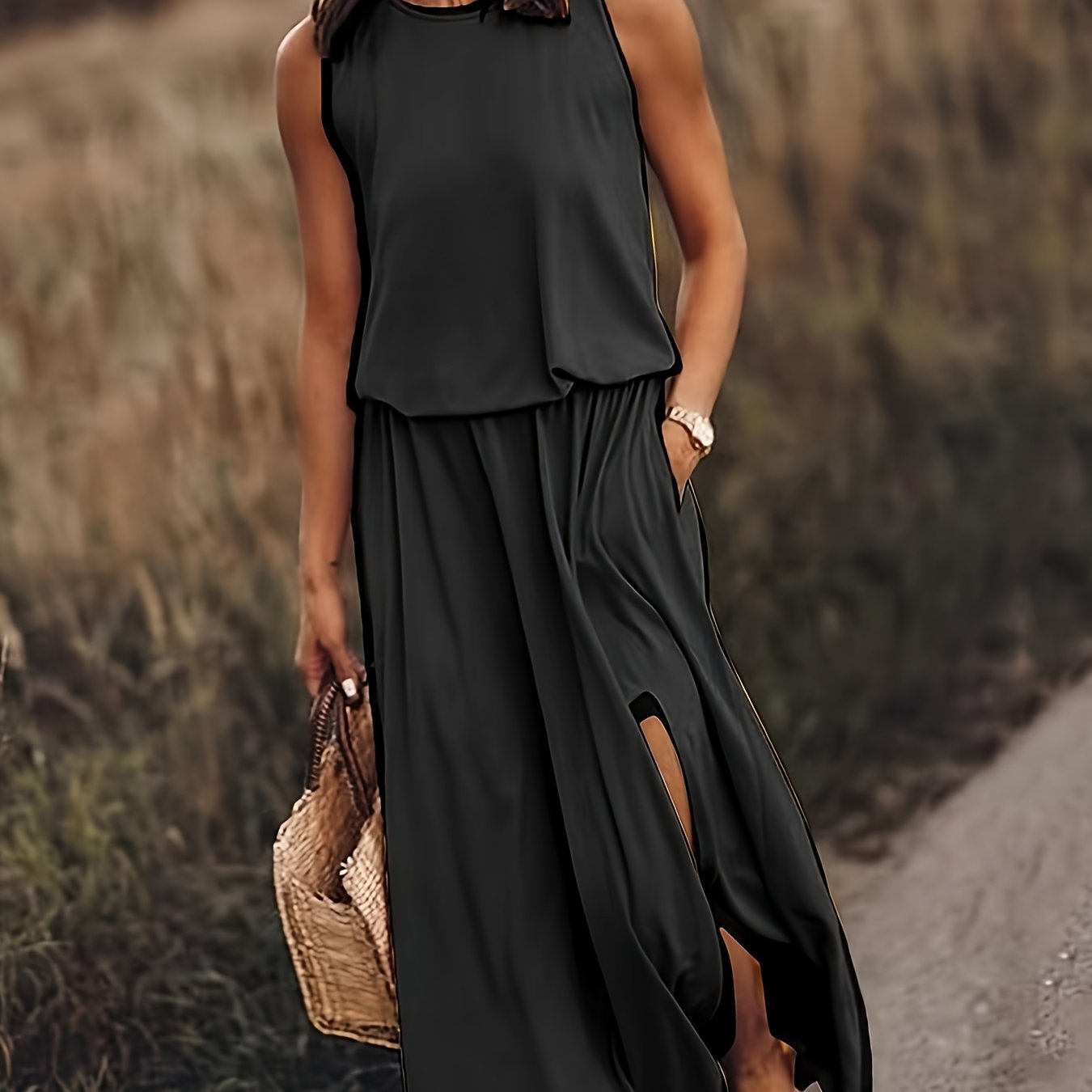 TEMU Women's Casual Round Neck Vest Pocket Dress