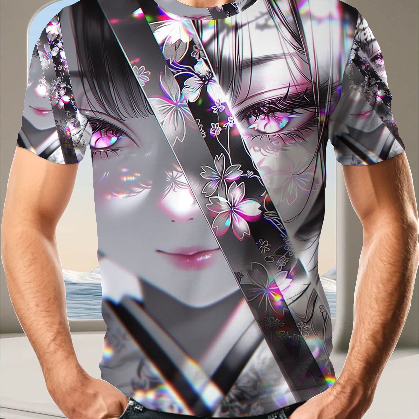 TEMU Men's Japanese Anime T-shirt With Holographic Floral & Anime Girl Print - Lightweight Breathable Polyester Tee Suitable For Casual Streetwear,