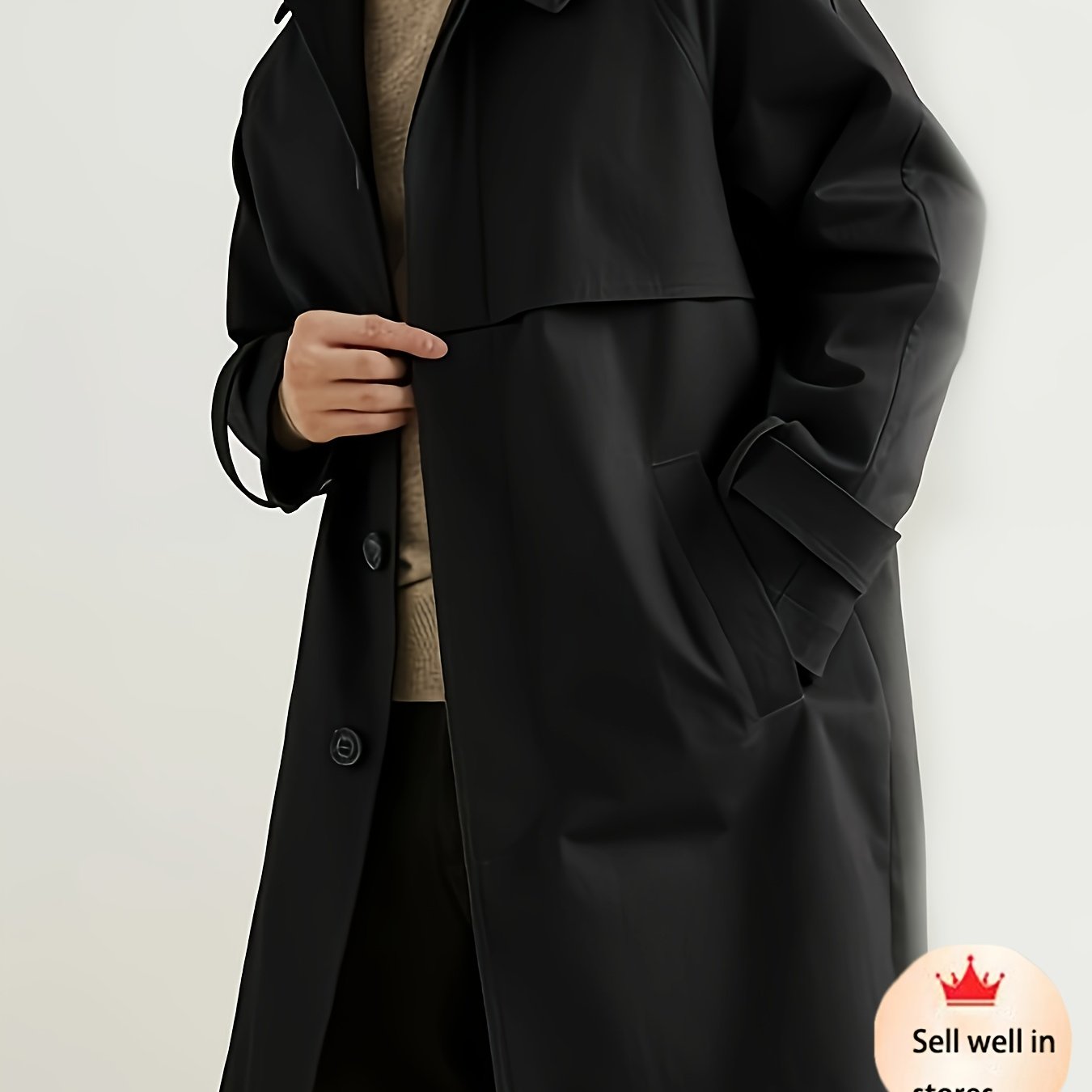 Image of Men's Mid-length Trench Coat With British Style, Lapel Design, New , Casual Black Outerwear