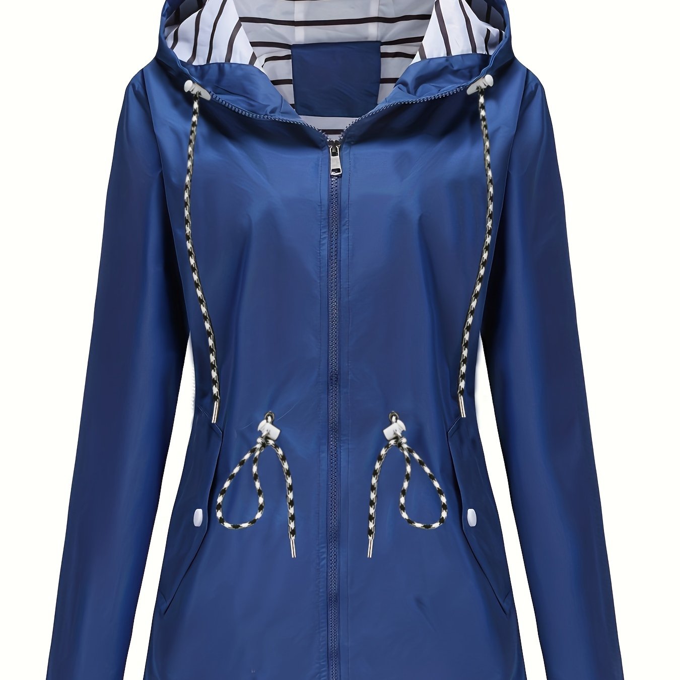 Image of European And American New Long Sleeve Mid-length Casual Fashion Women's Hooded Striped Sport Windbreaker