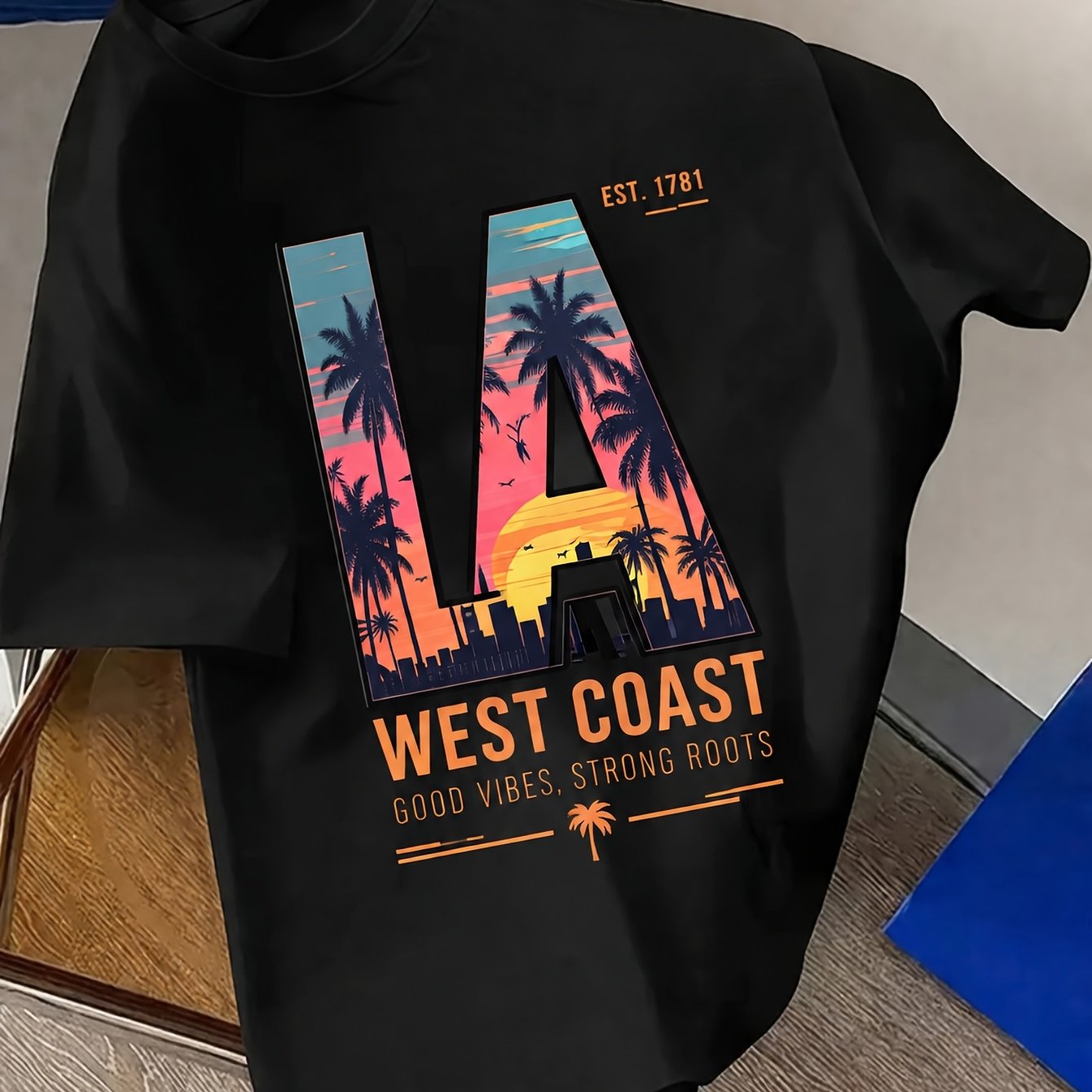 Image of Men's Sunset Graphic T-shirt, Short Sleeve Crew Neck Casual Summer Wear For Daily And Streetwear Outfits, Plus Size