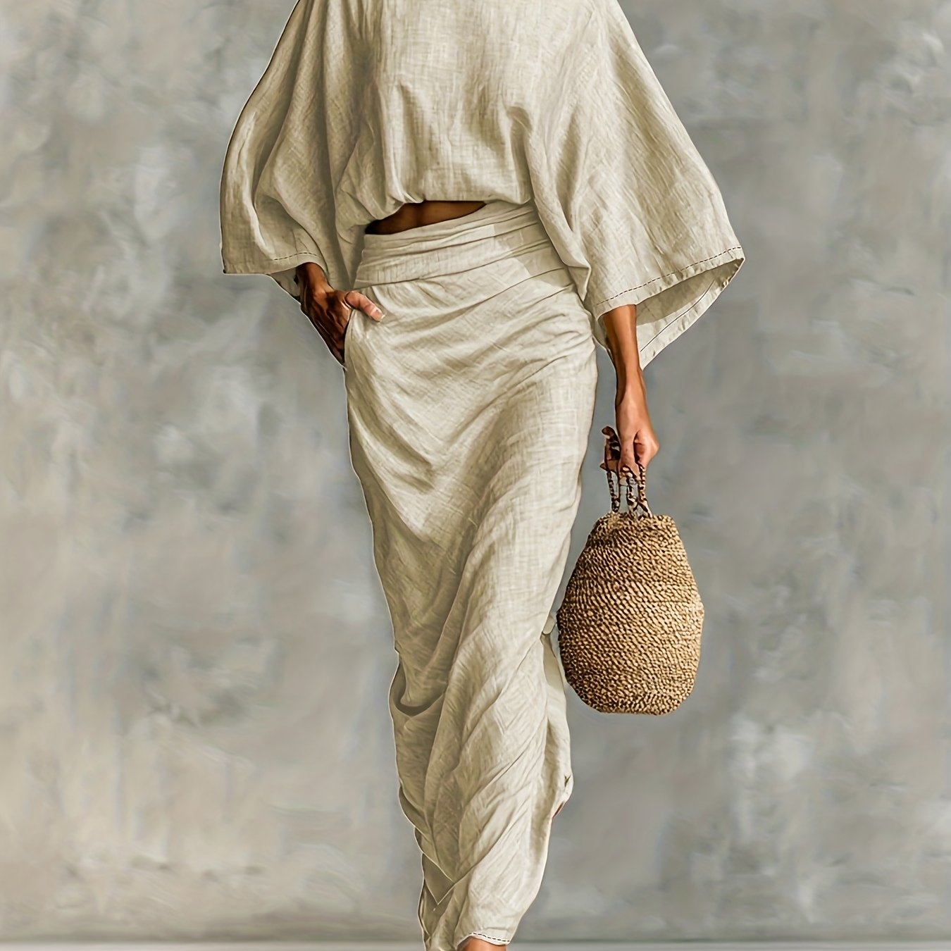 New -border Women's Fashion Elegant Women's Batwing Sleeve Sexy Crop Top Short Top Versatile Back Slit High-waist Half Skirt Long Dress Two-piece Casual Outfit