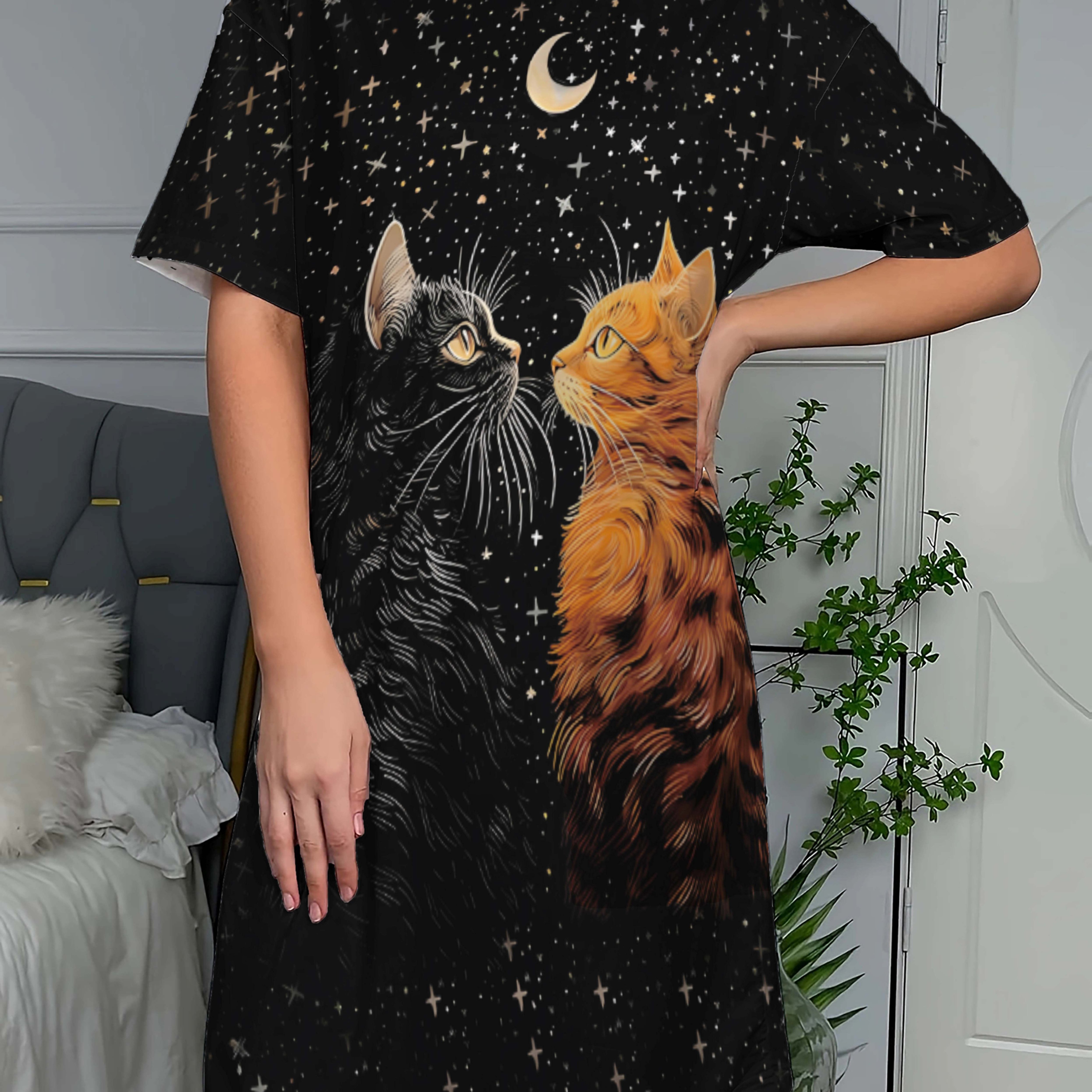 Cute Cat Sleep Dress For Women | Starry Night Crew Neck