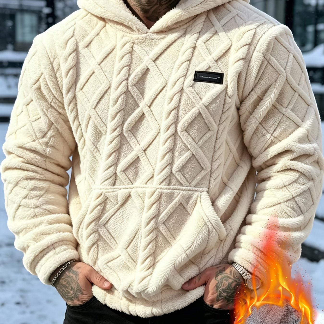 TEMU Sweat à capuche chaud en pour homme, automne-hiver, décontracté et sportif, design jacquard pelucheux, pull épais et chaud avec poches, et