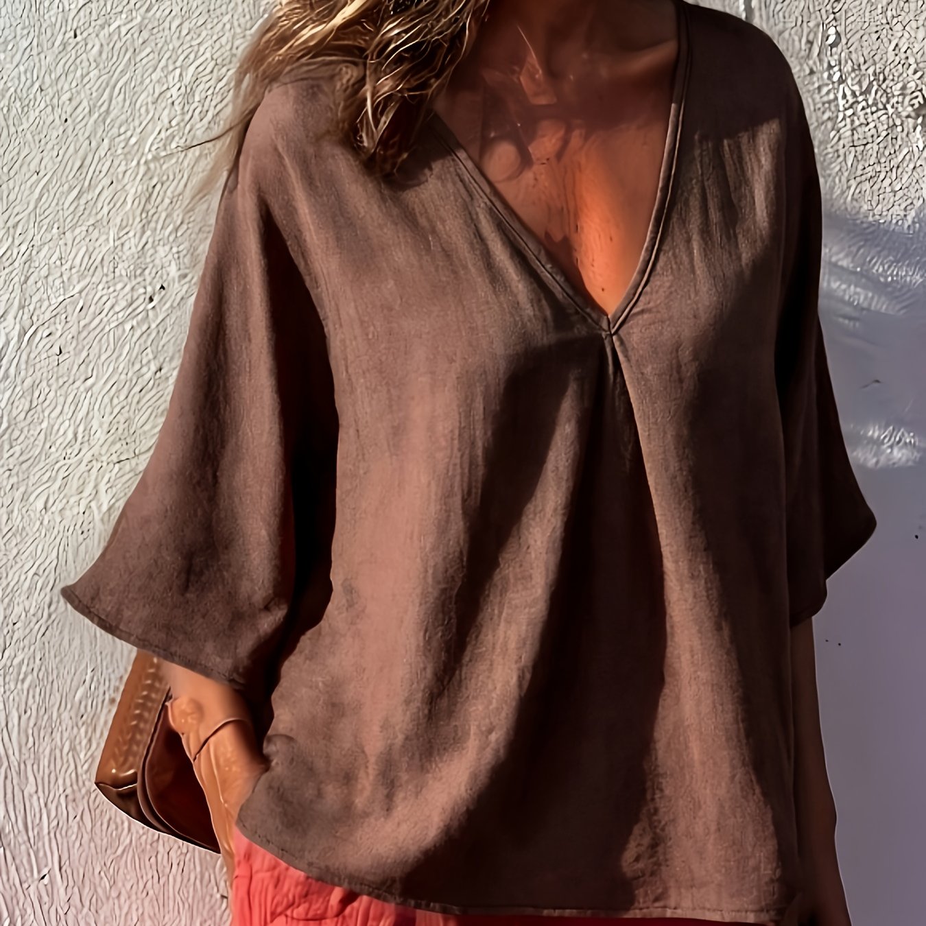 Women's Casual Lazy Style Puff Sleeve Blouse Top, Vintage Deep V-neck Loose Batwing Sleeve Single-button Shirt, Western Style Casual Versatile Top, Skin-friendly Breathable Comfortable Blouse