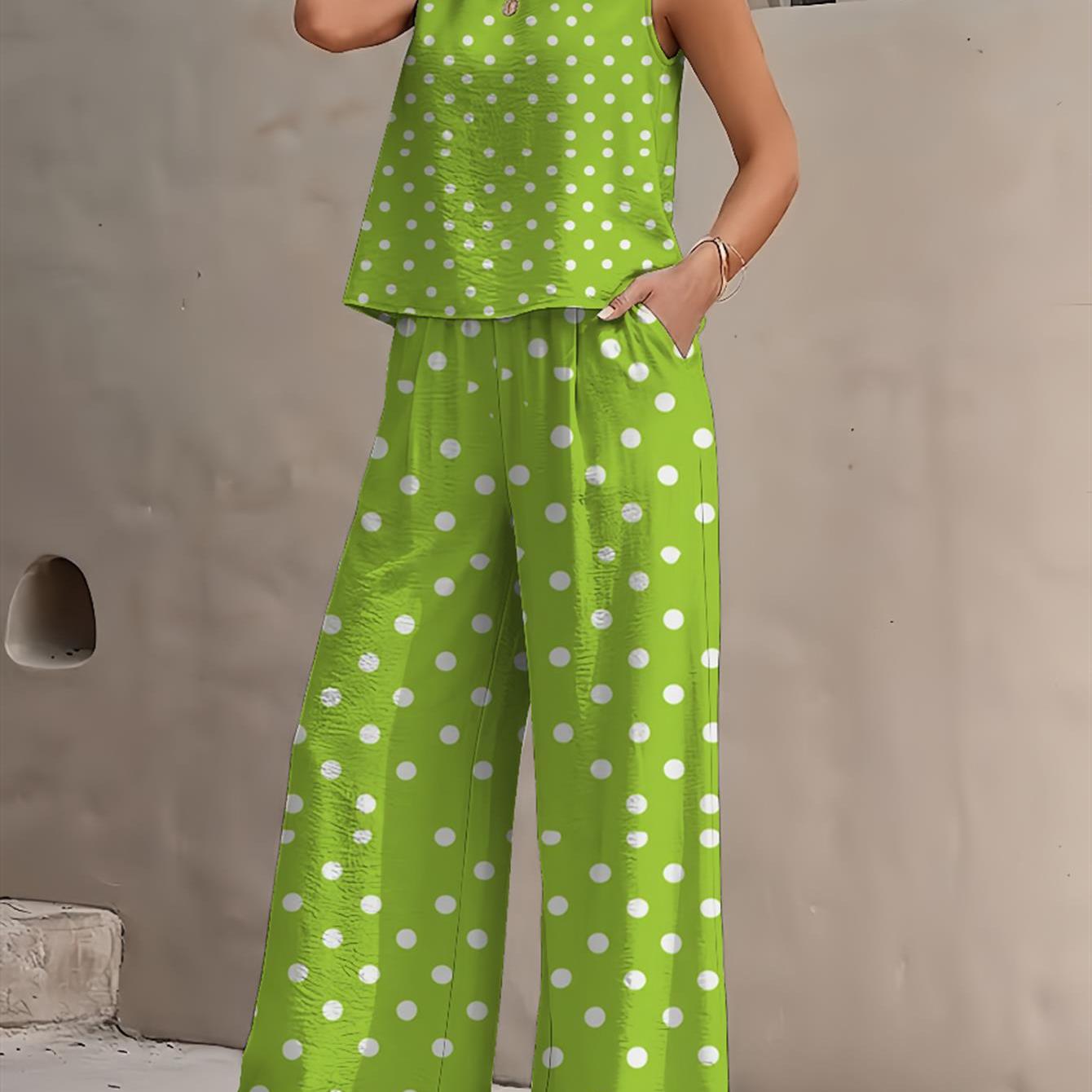 Image of Vibrant Lime Green Polka Dot Sleeveless Top And Wide Leg Pants Set, Minimalist Geometric Vacation Outfit With Side Pockets For Spring Summer