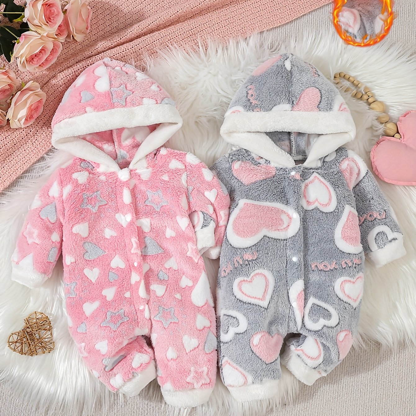 Image of Girls' Baby Autumn/winter New Christmas Hooded Romper 2pcs Set, Perfect For Outdoor, Newborn/toddler Necessities