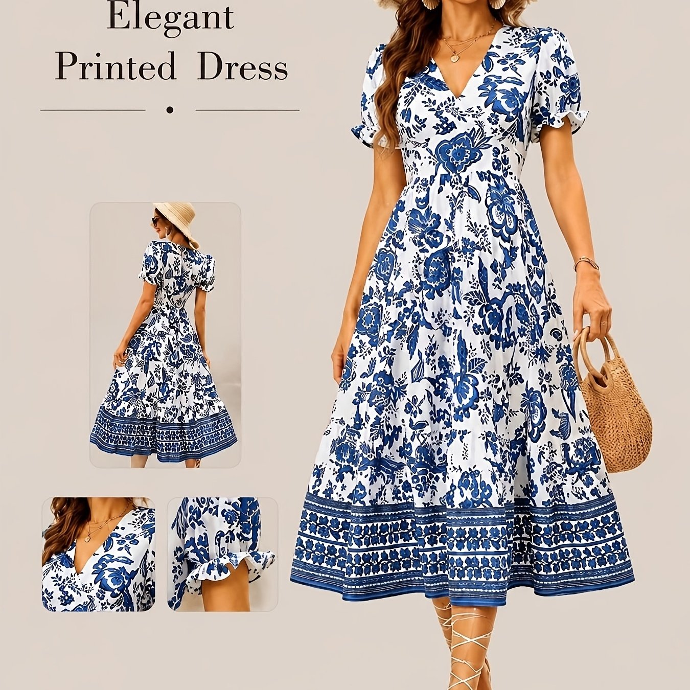 TEMU Ladies Fashion And Elegant Boho Floral Dress, V-neck Puff Short Sleeve Smocked Back Flowy Tiered Dress, Blue White Vintage Wedding Guest